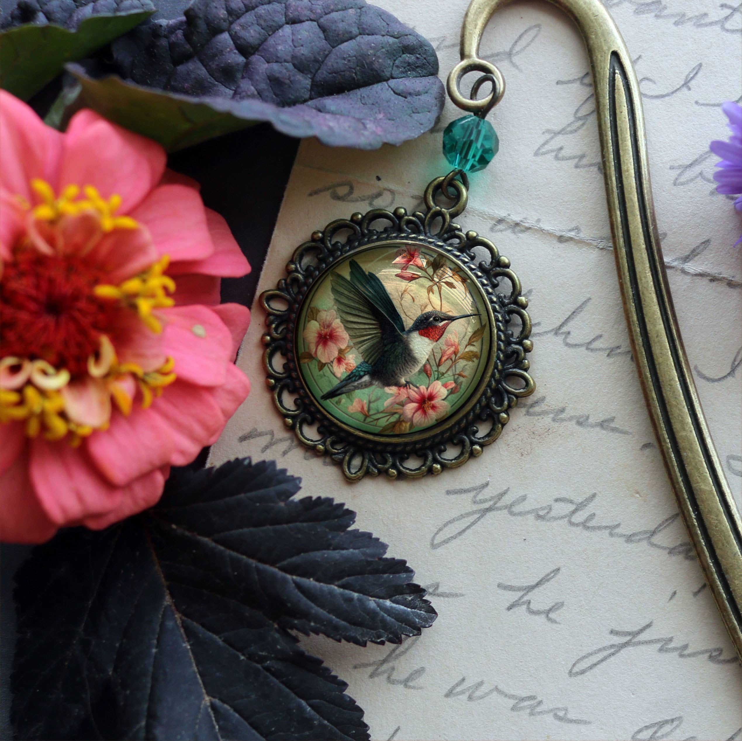 Hummingbird Art Nouveau Glass Cabochon Bronze Bookmark - Image 4