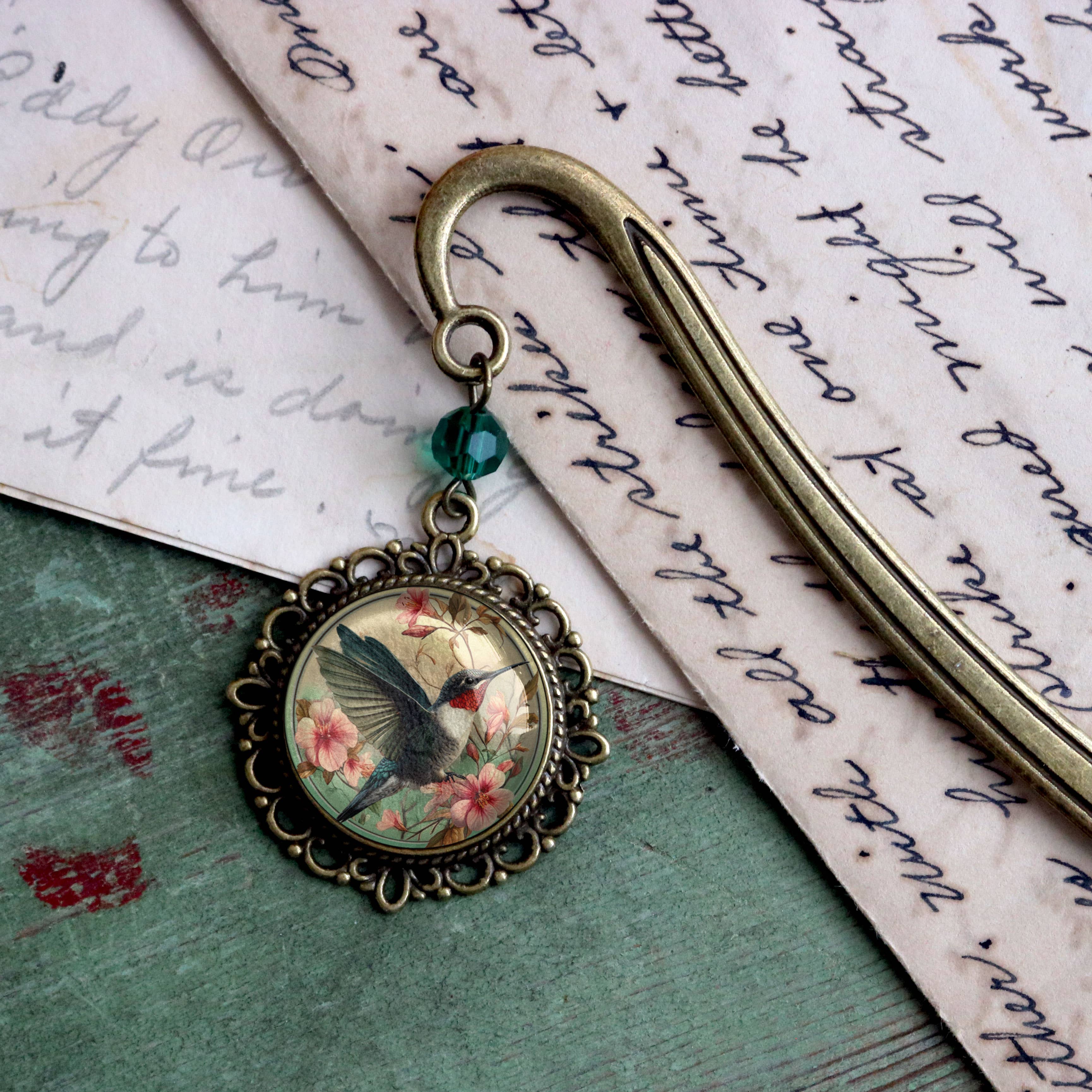 Hummingbird Art Nouveau Glass Cabochon Bronze Bookmark - Image 5