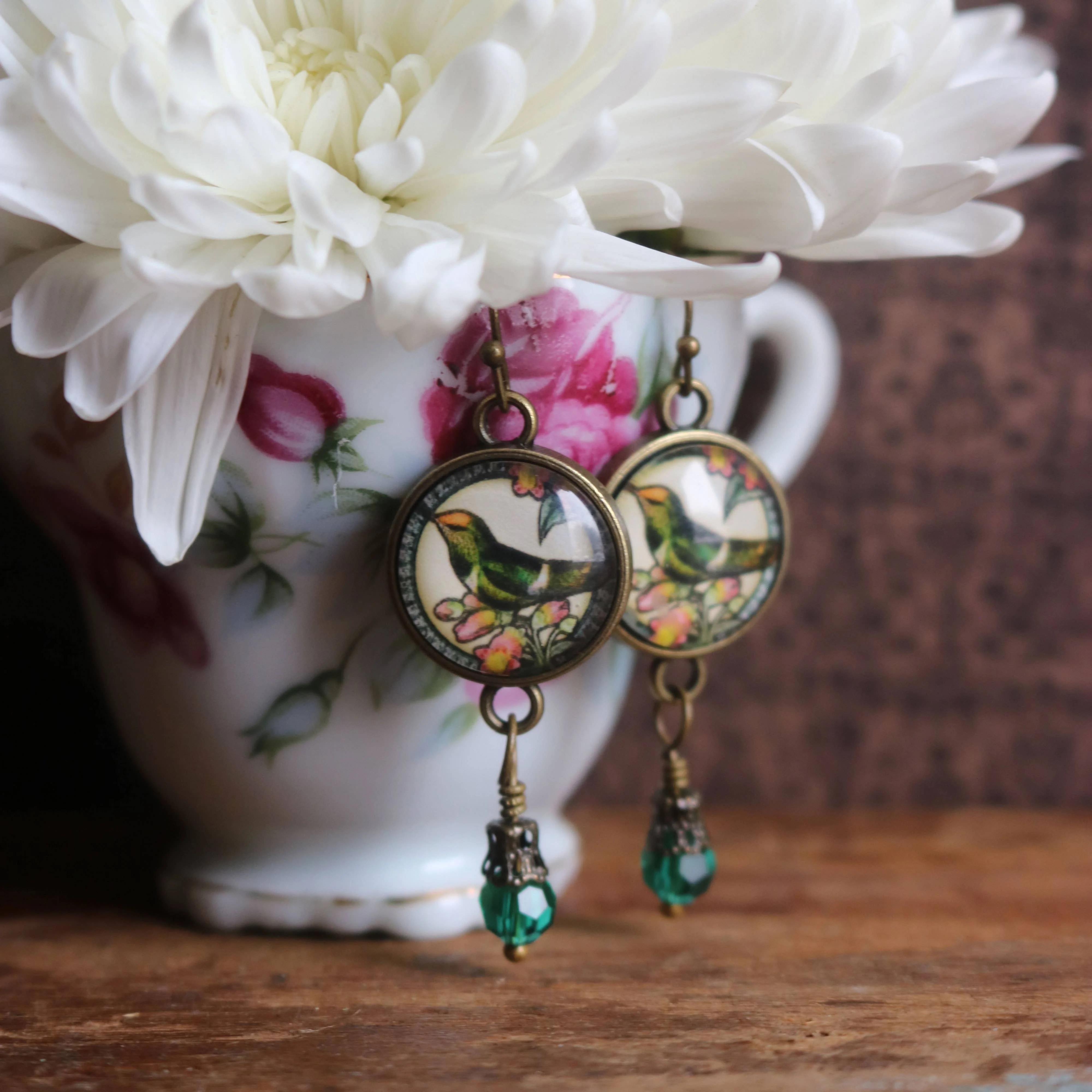 Hummingbird Vintage Inspired Glass Cabochon Earrings - Image 3