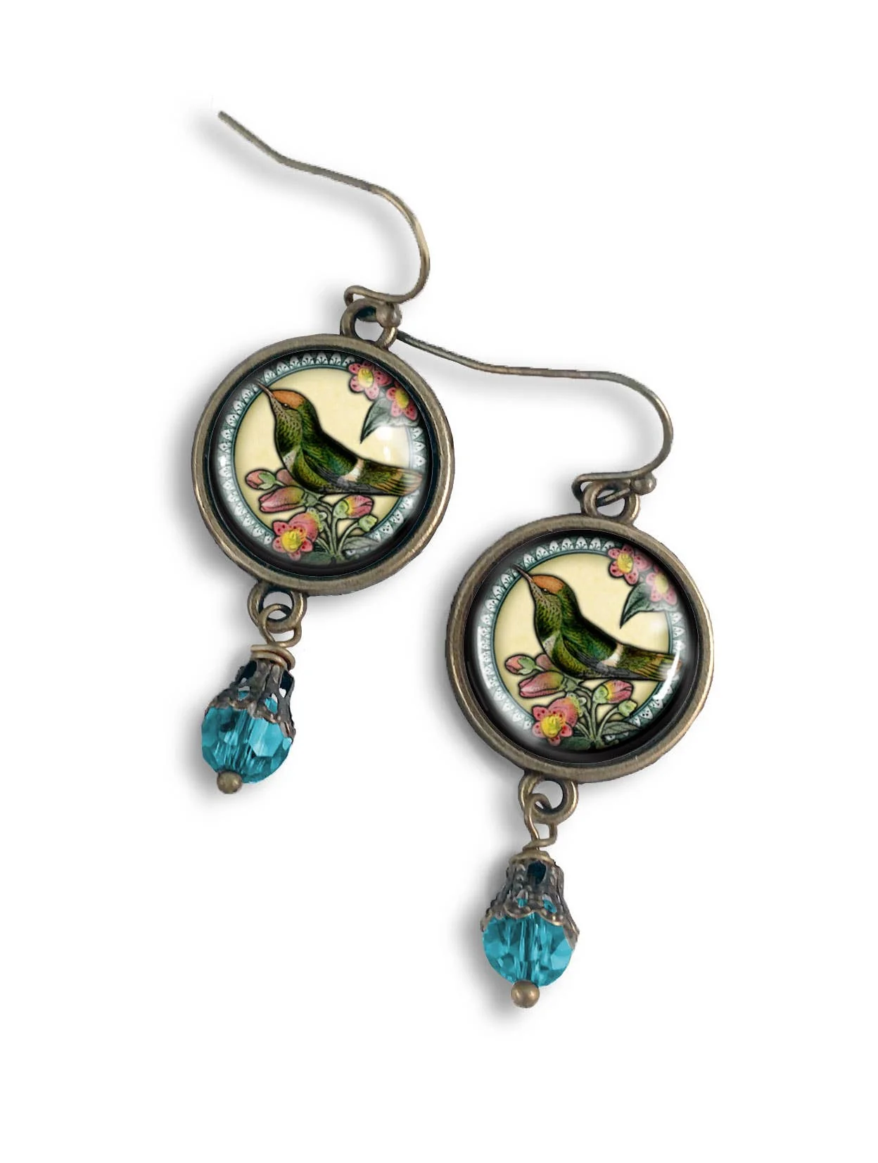 Hummingbird Vintage Inspired Glass Cabochon Earrings - Image 4