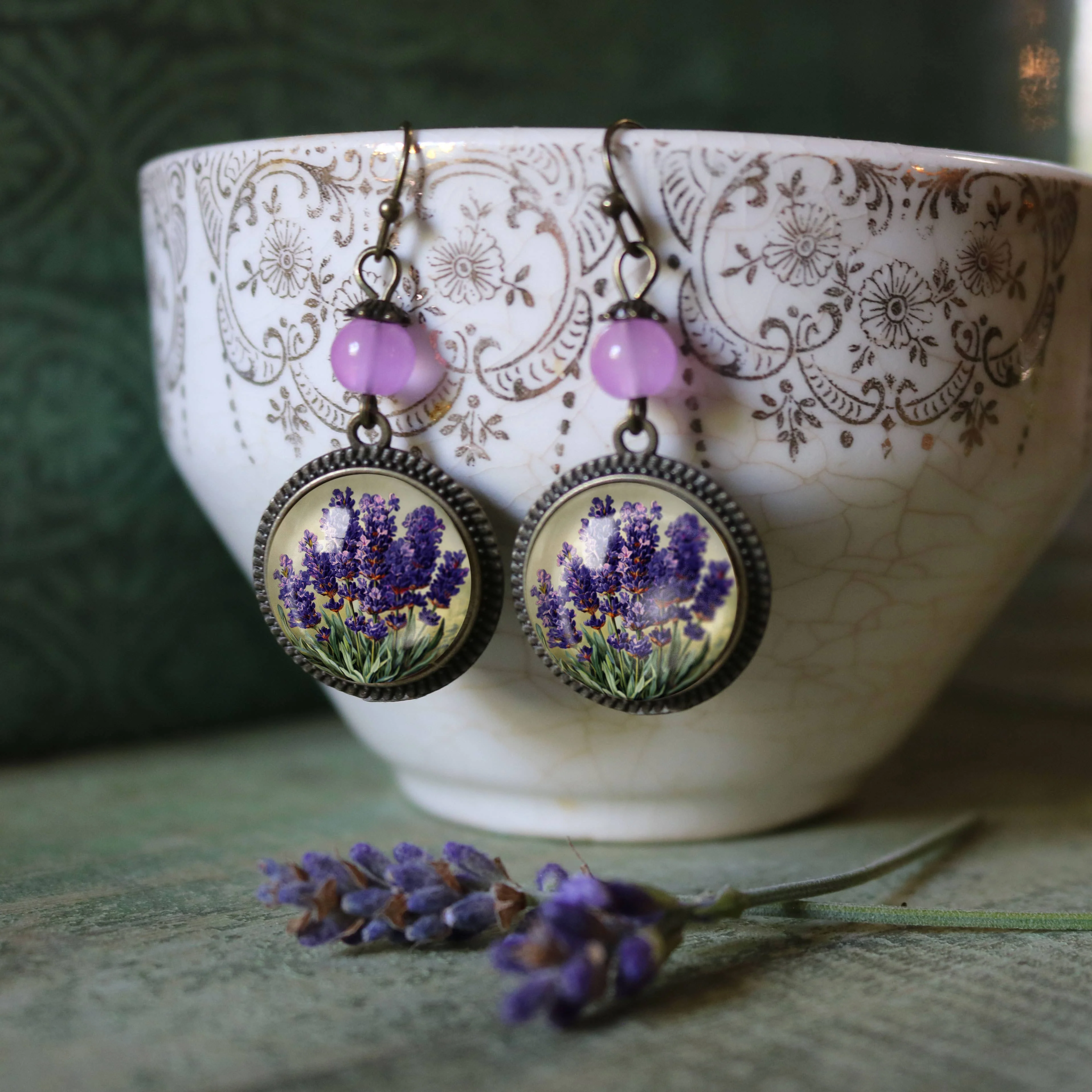 Lavender Flowers Glass Cabochon Earrings - Image 4