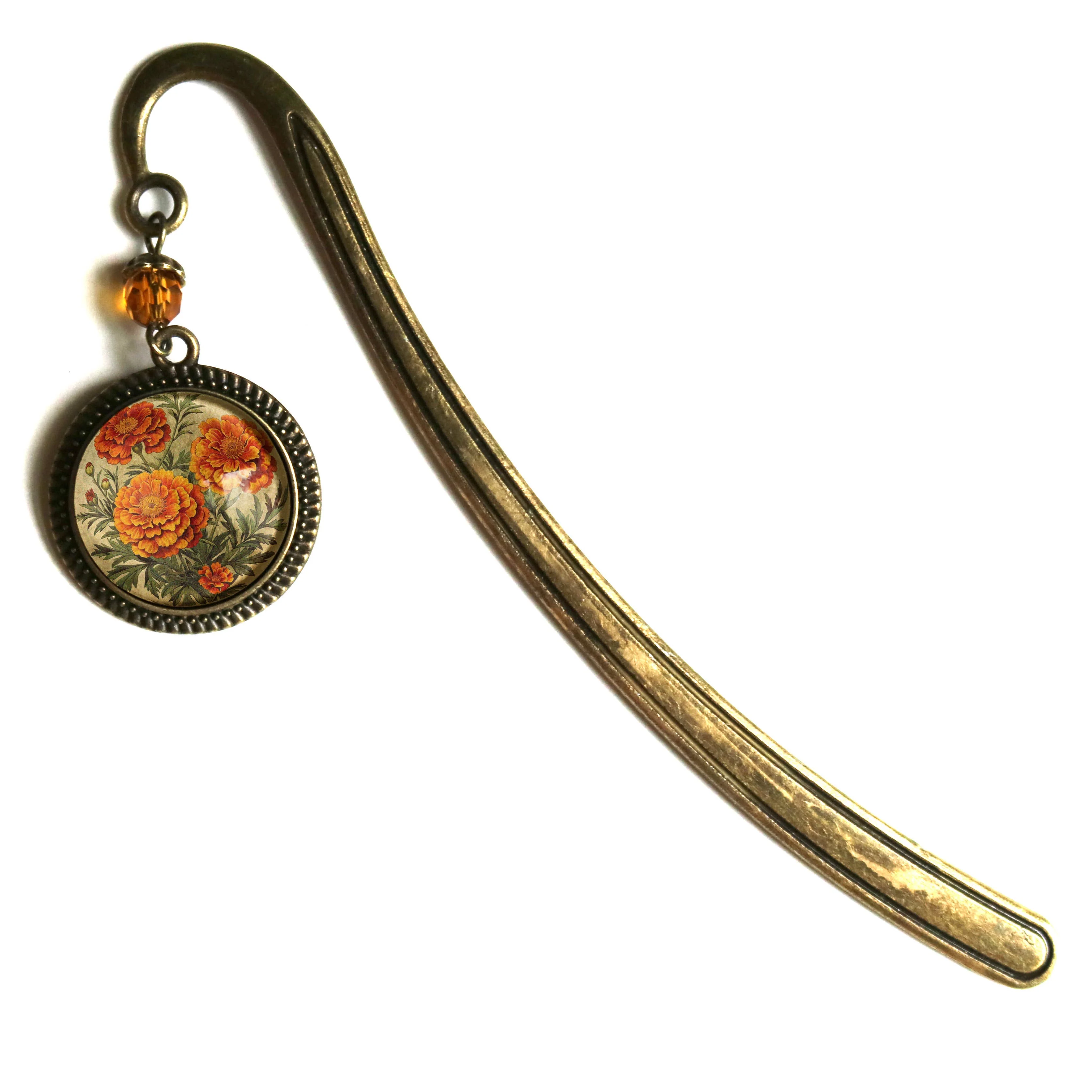 Marigold Flowers Bronze and Glass Cabochon Bookmark - Image 2
