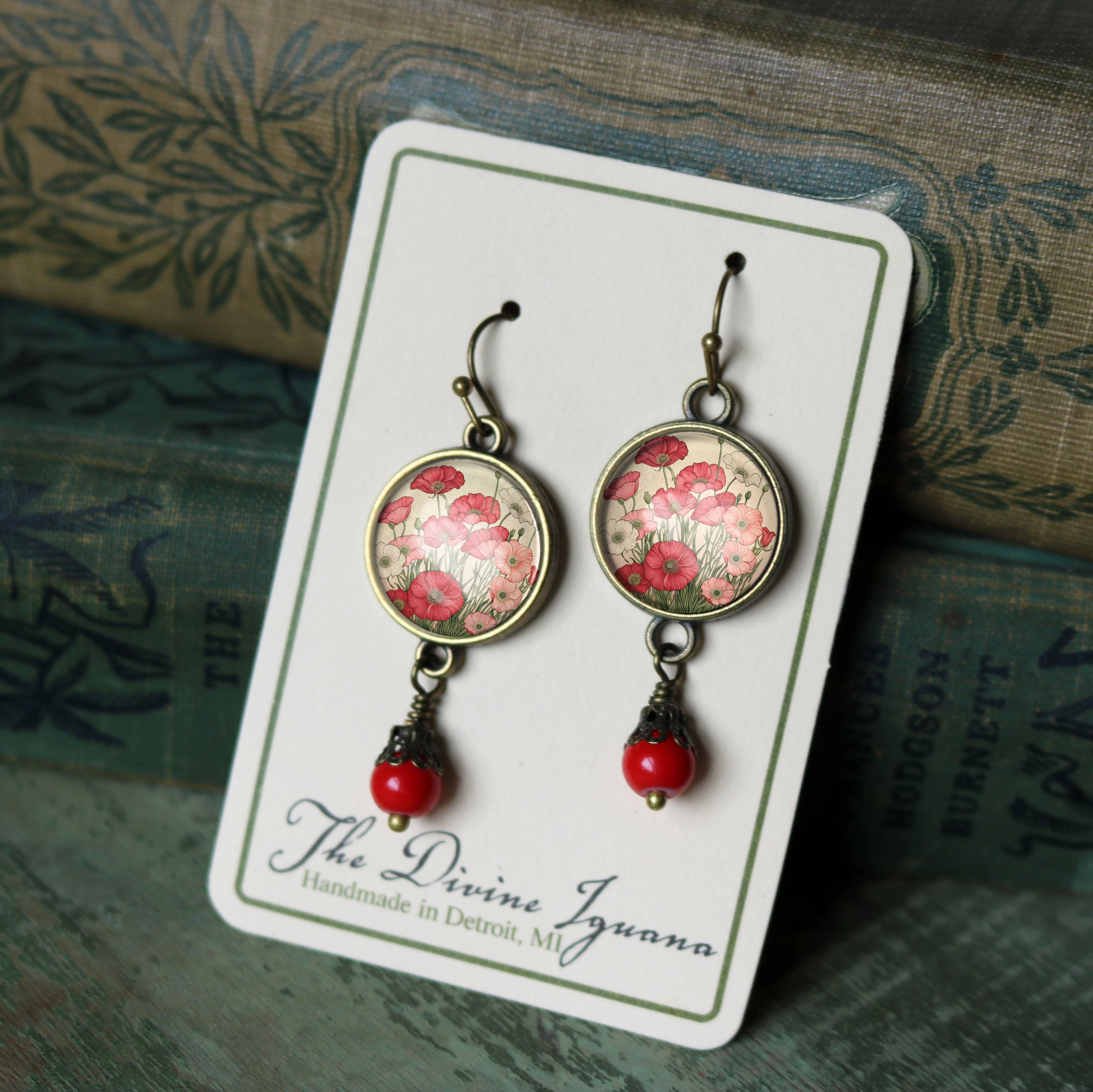 Pink and Red Poppy Flower Glass Cabochon and Bronze Earrings - Image 2