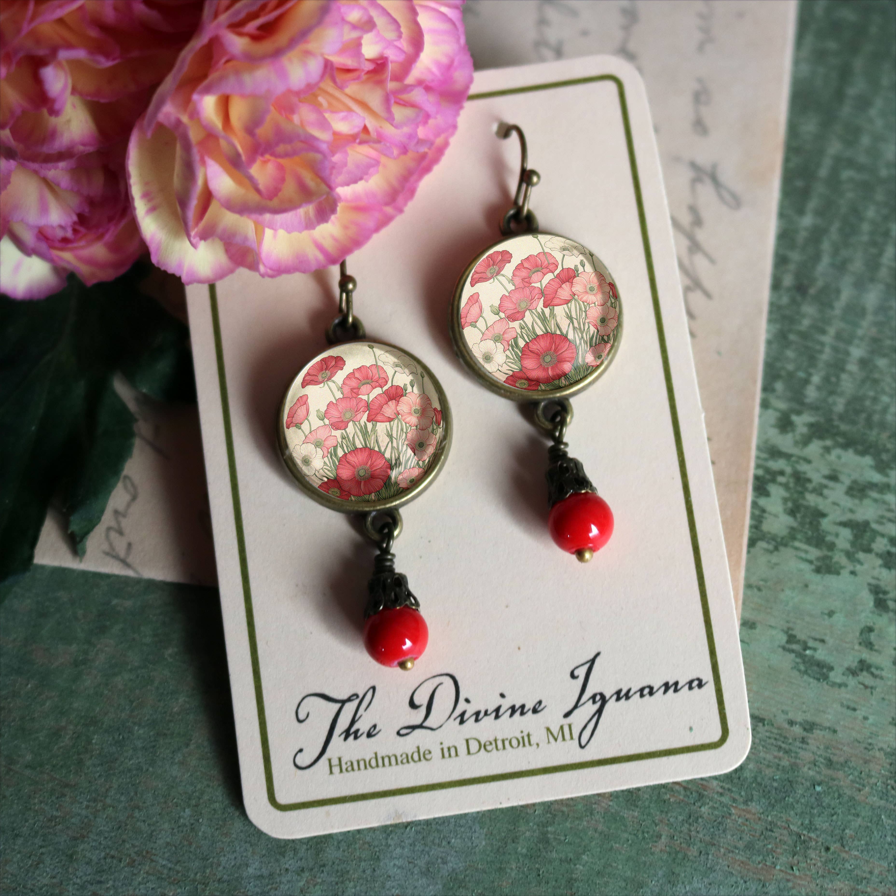 Pink and Red Poppy Flower Glass Cabochon and Bronze Earrings - Image 3