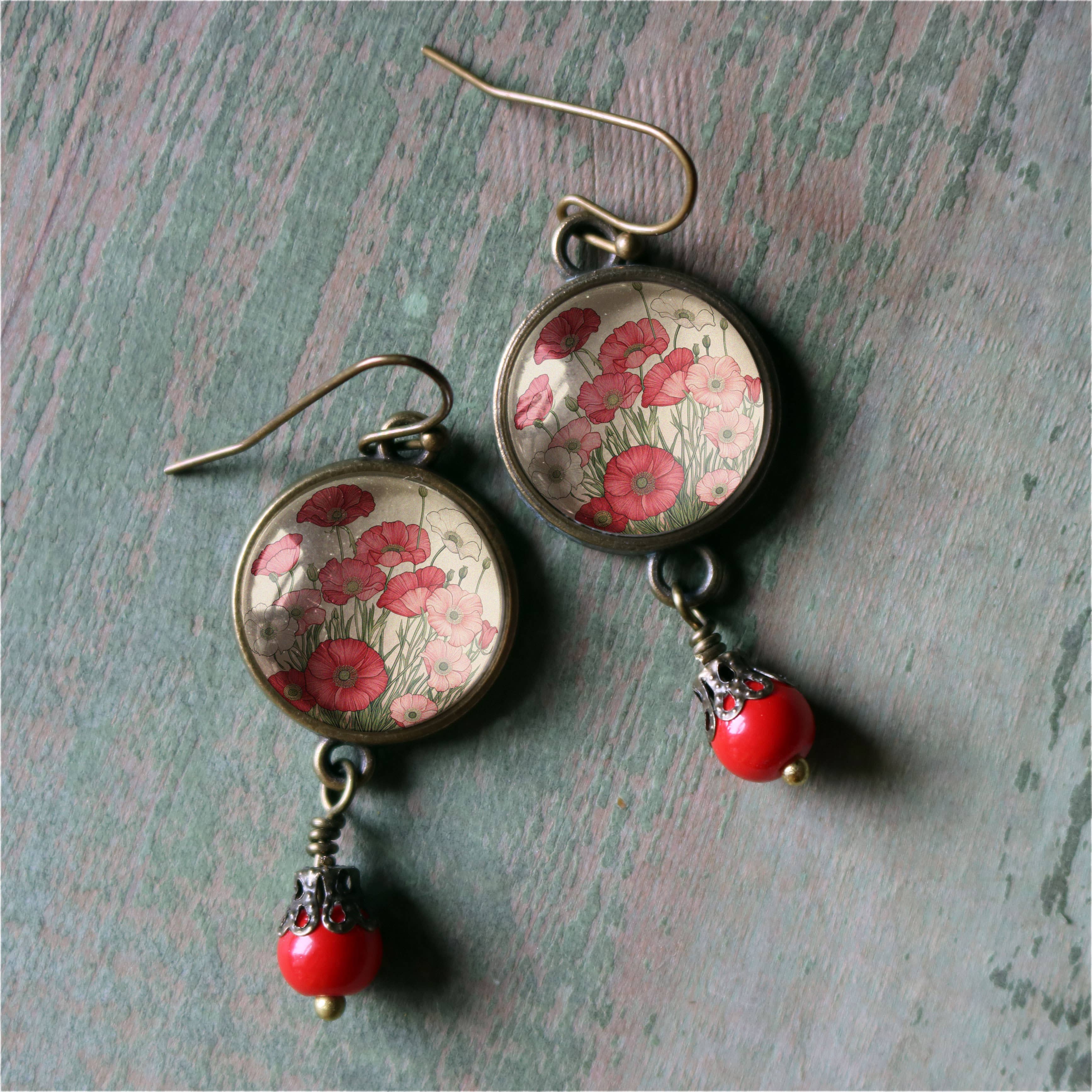 Pink and Red Poppy Flower Glass Cabochon and Bronze Earrings - Image 4