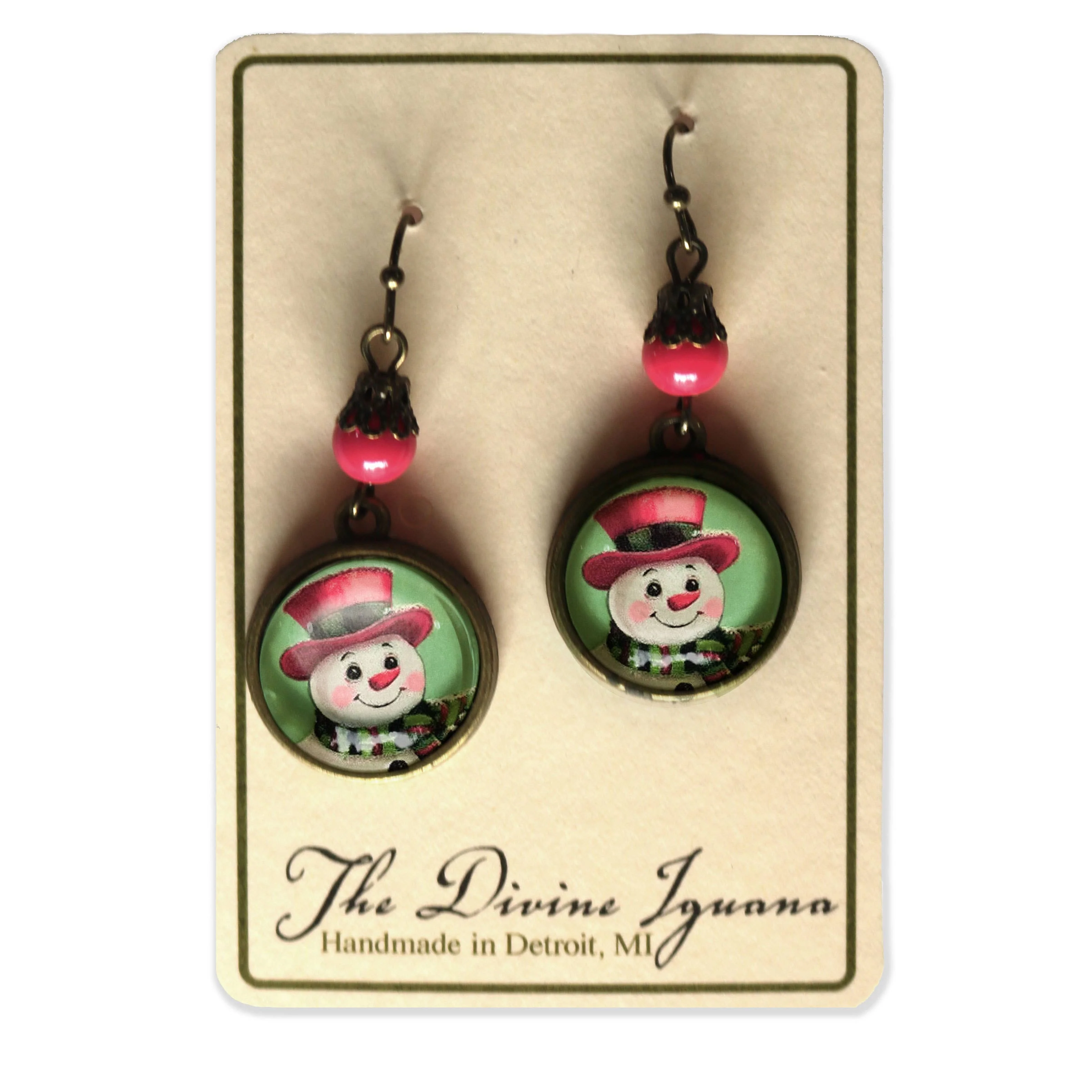 Pink Christmas Snowman Earrings - Image 2