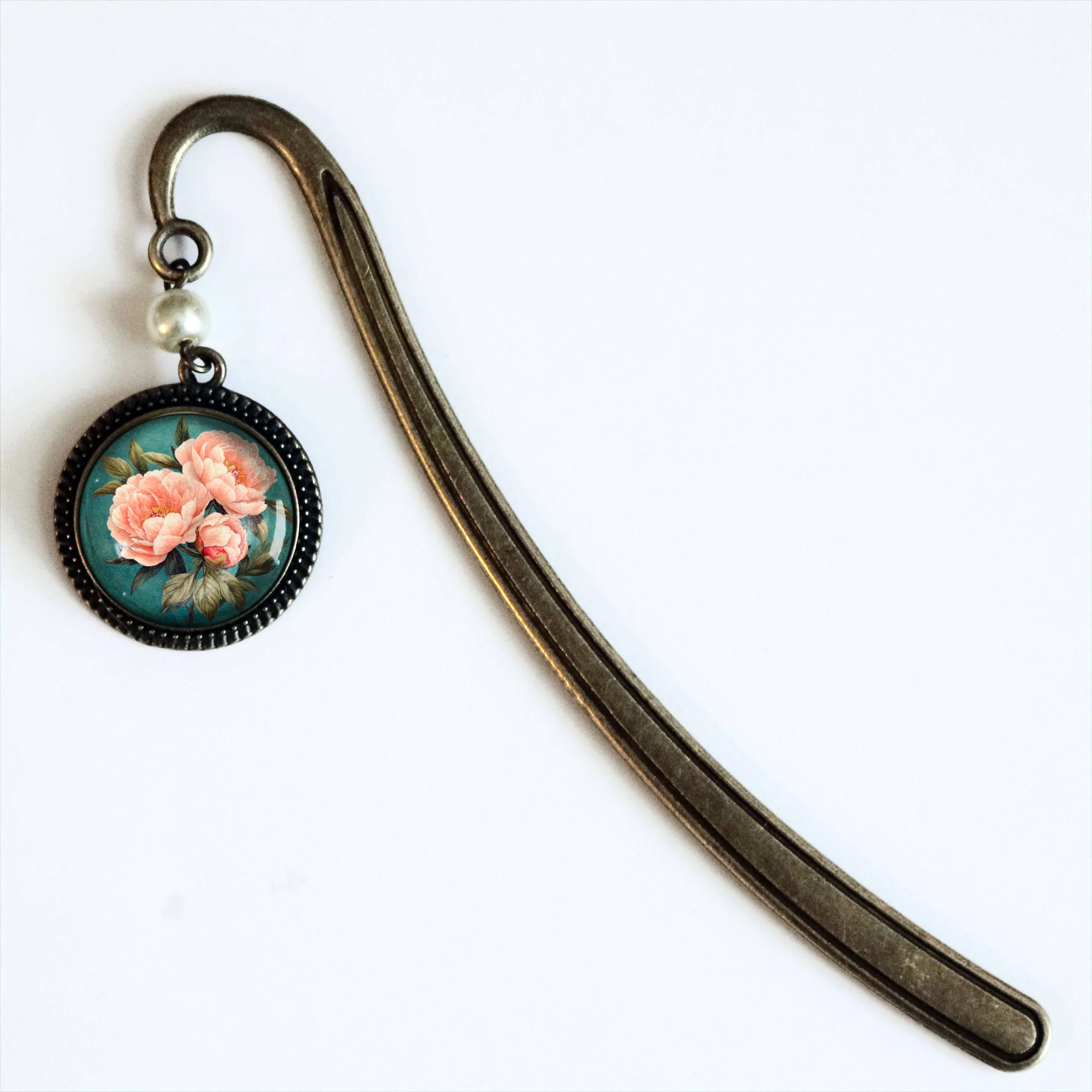 Pink Peony Bronze and Glass Cabochon Bookmark w/ Pearl Bead - Image 2