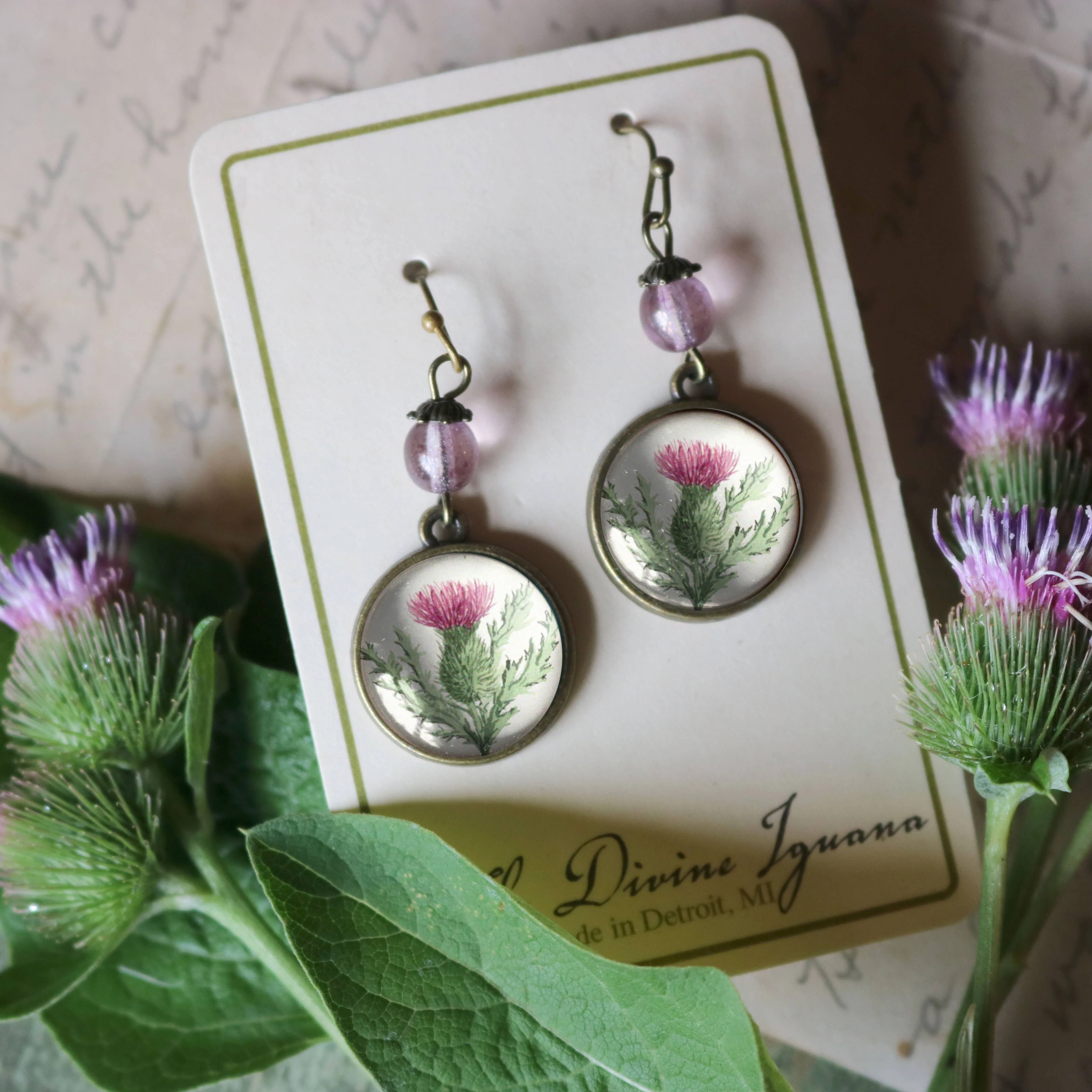 Scottish Thistle Glass Cabochon Earrings - Image 4