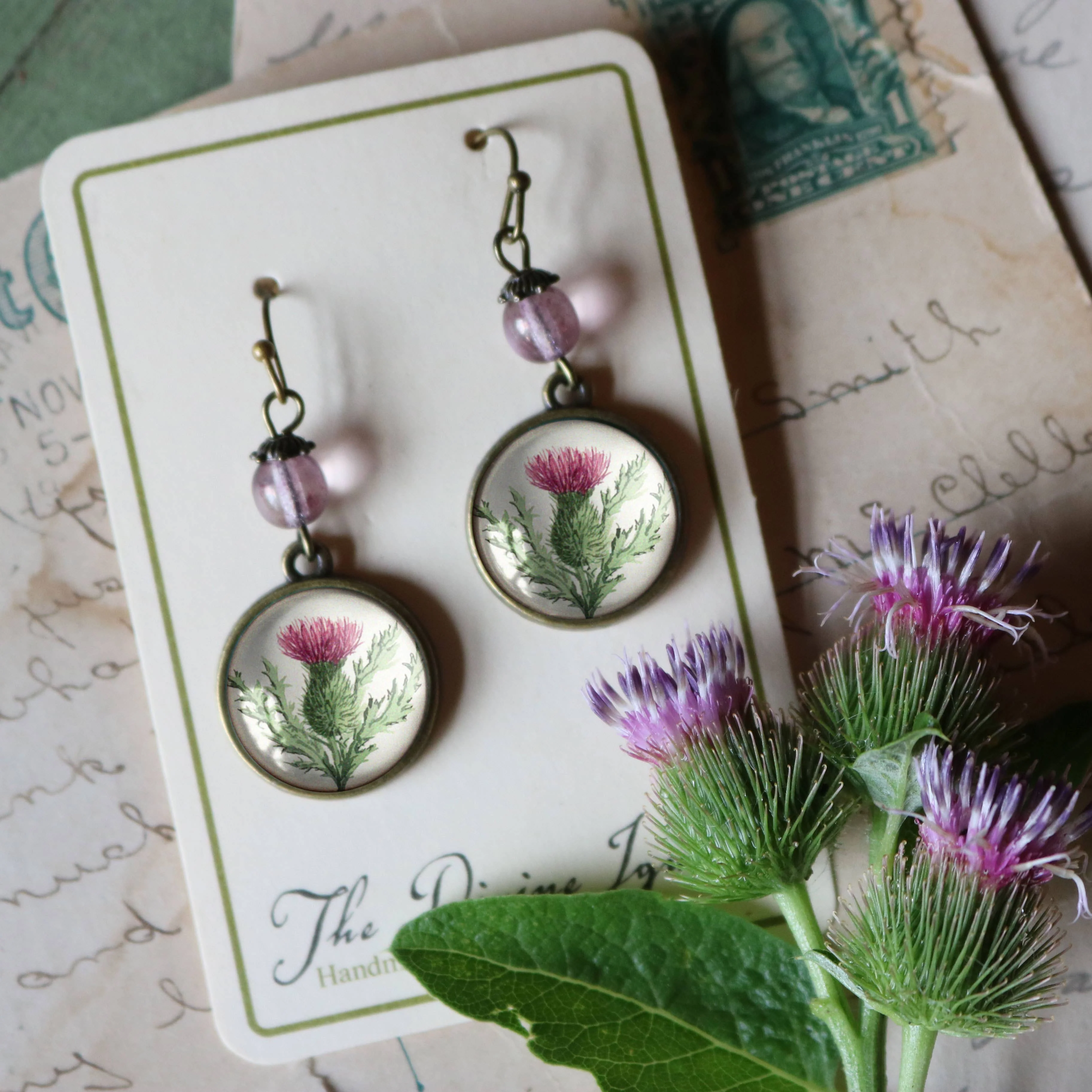 Scottish Thistle Glass Cabochon Earrings - Image 5