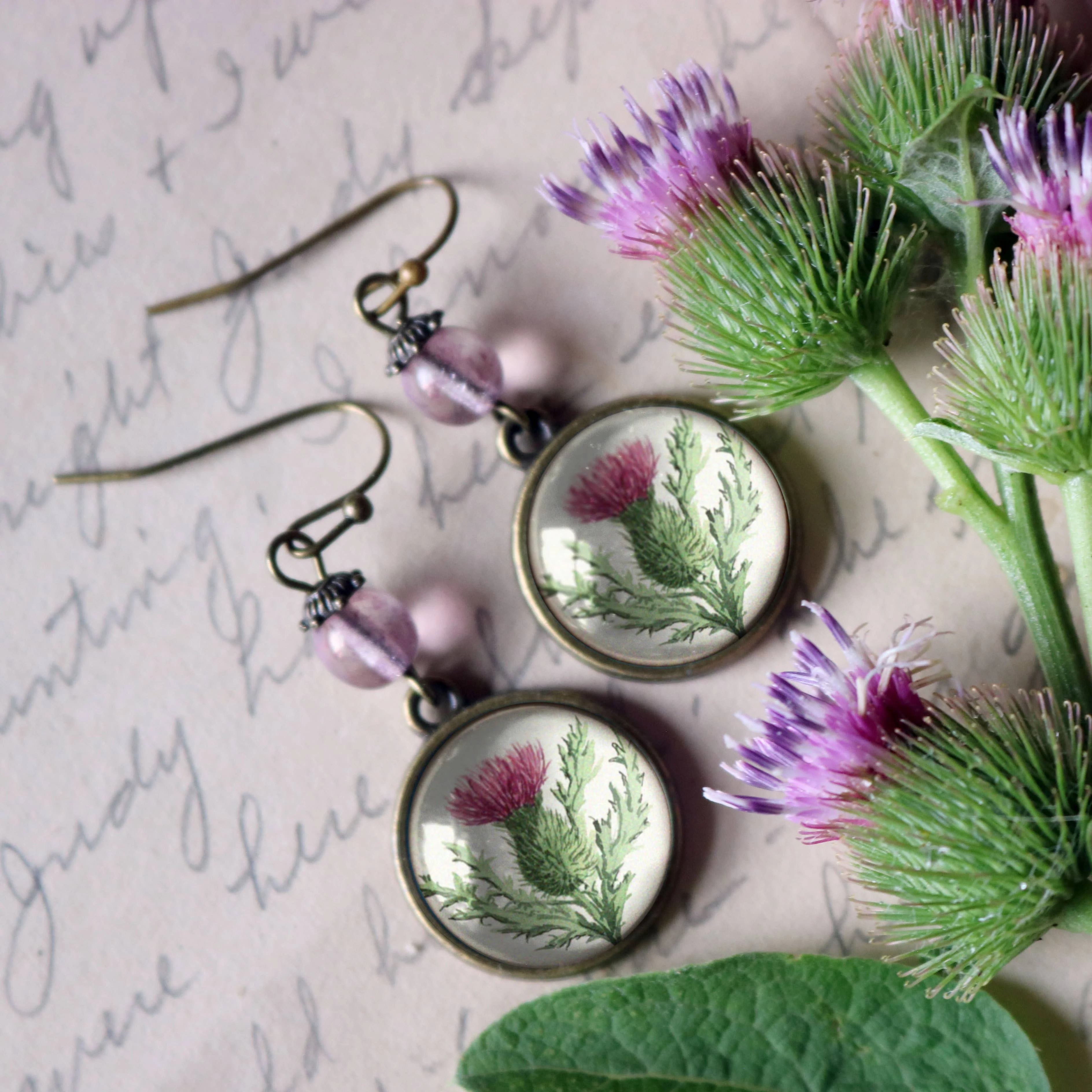 Scottish Thistle Glass Cabochon Earrings - Image 6