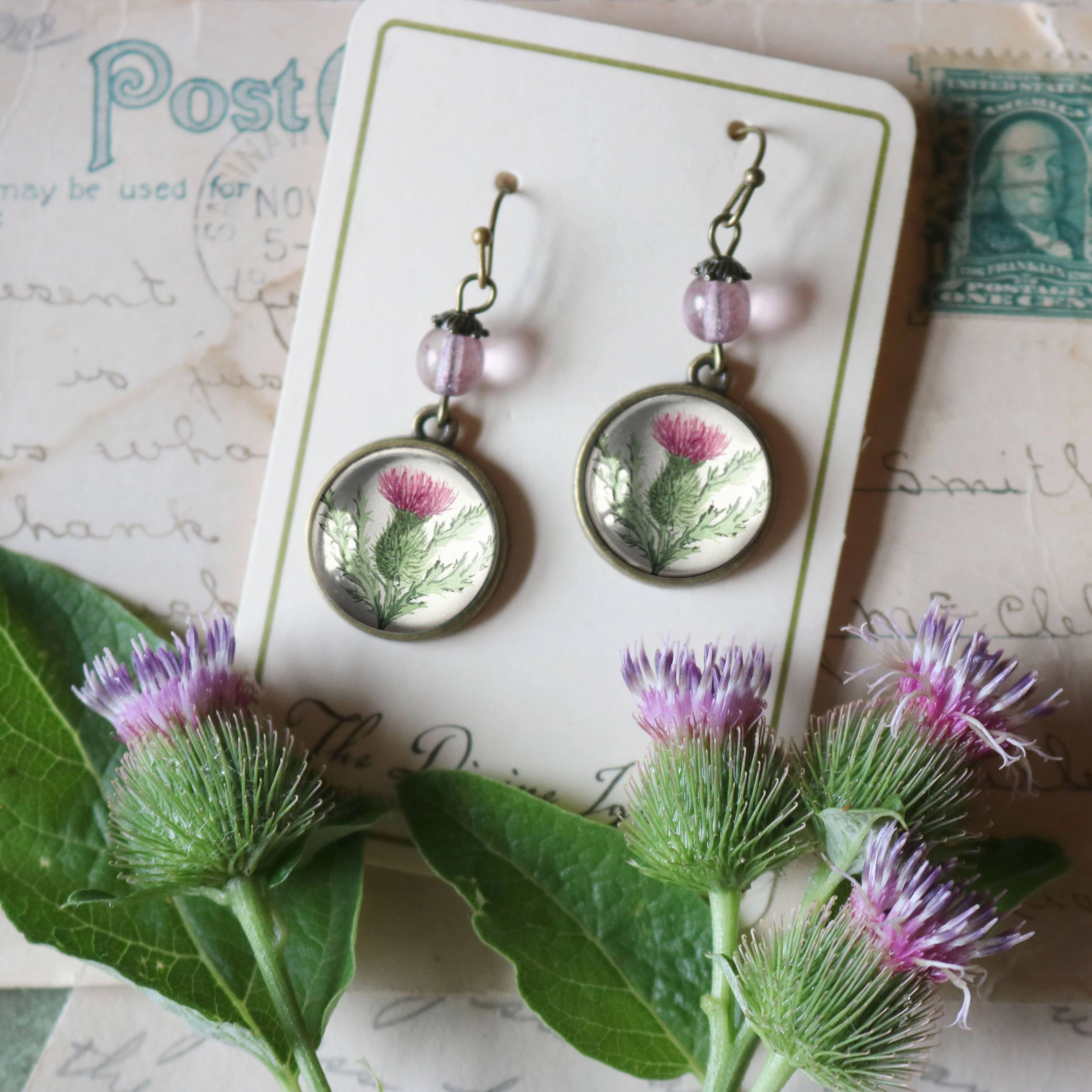 Scottish Thistle Glass Cabochon Earrings - Image 7