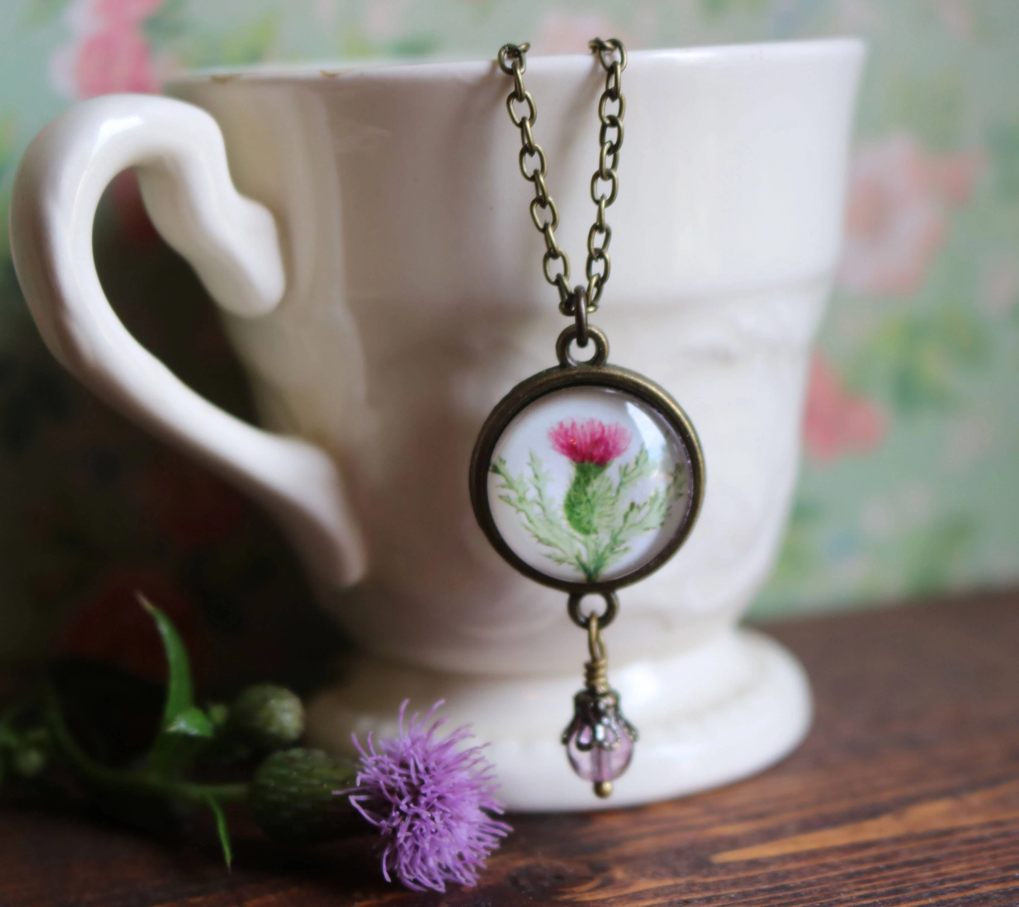 Scottish Thistle Glass Cabochon Pendant Necklace With Bead - Image 3