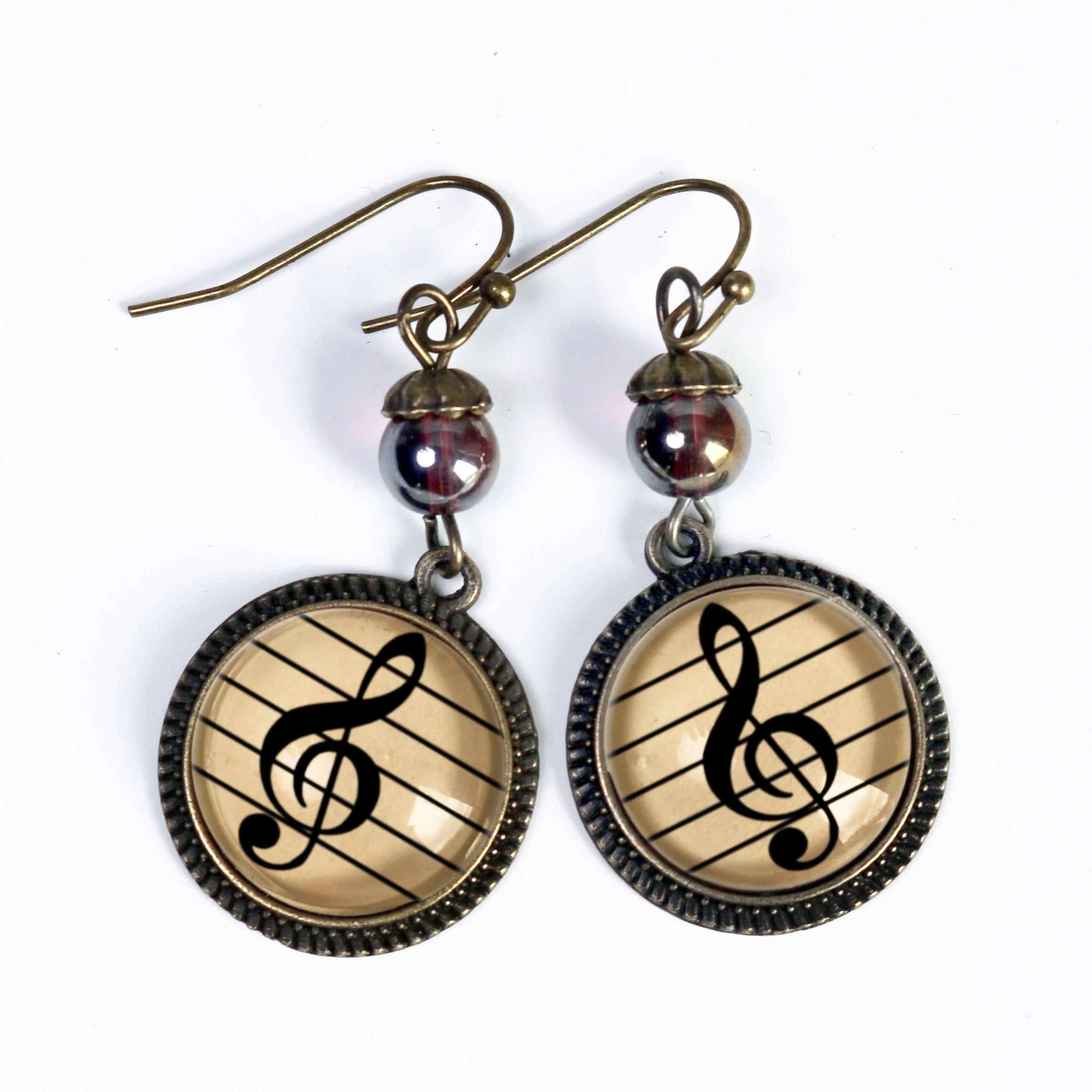 Treble Clef Music Decoupaged Glass Cabochon Dangle Earrings