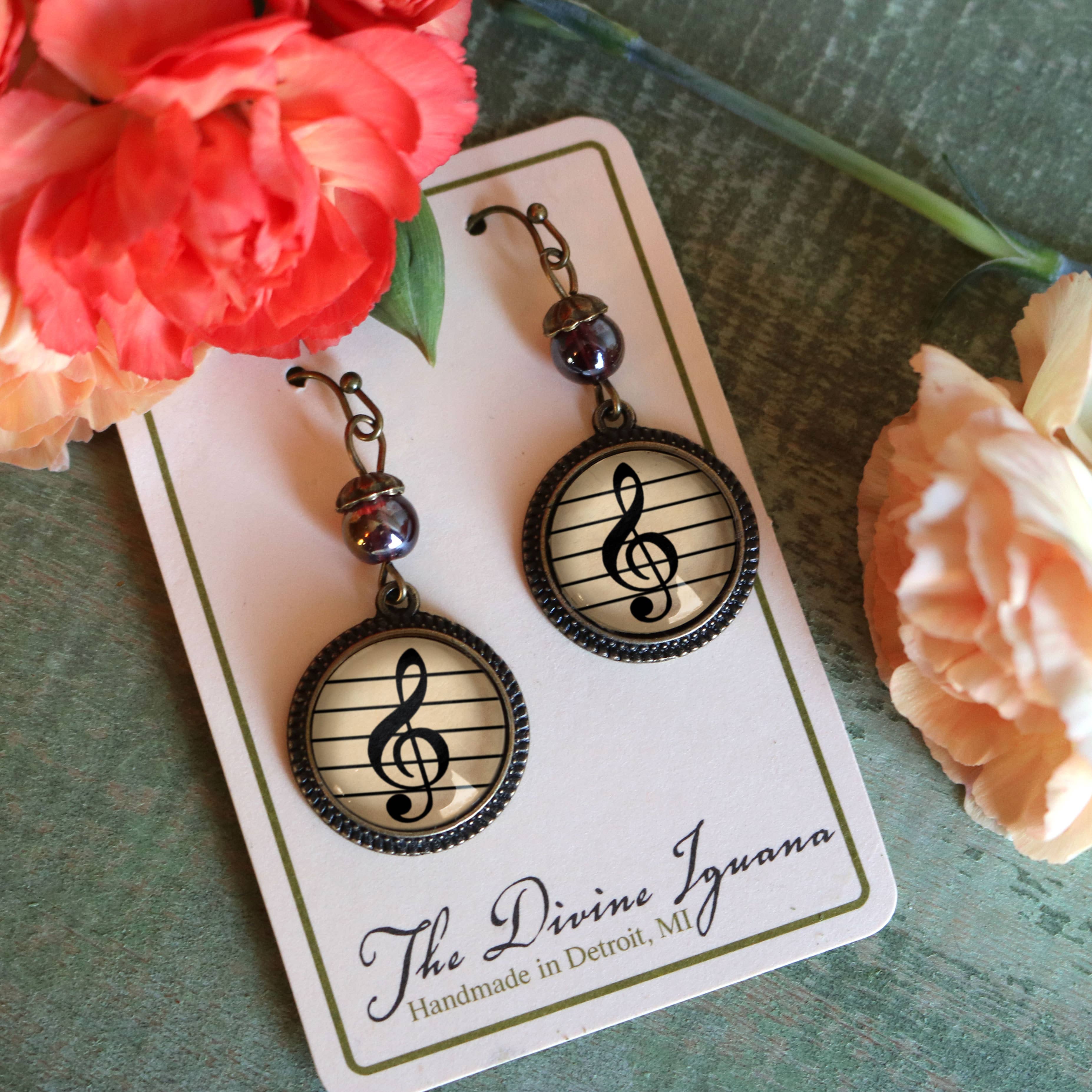 Treble Clef Music Decoupaged Glass Cabochon Dangle Earrings - Image 2