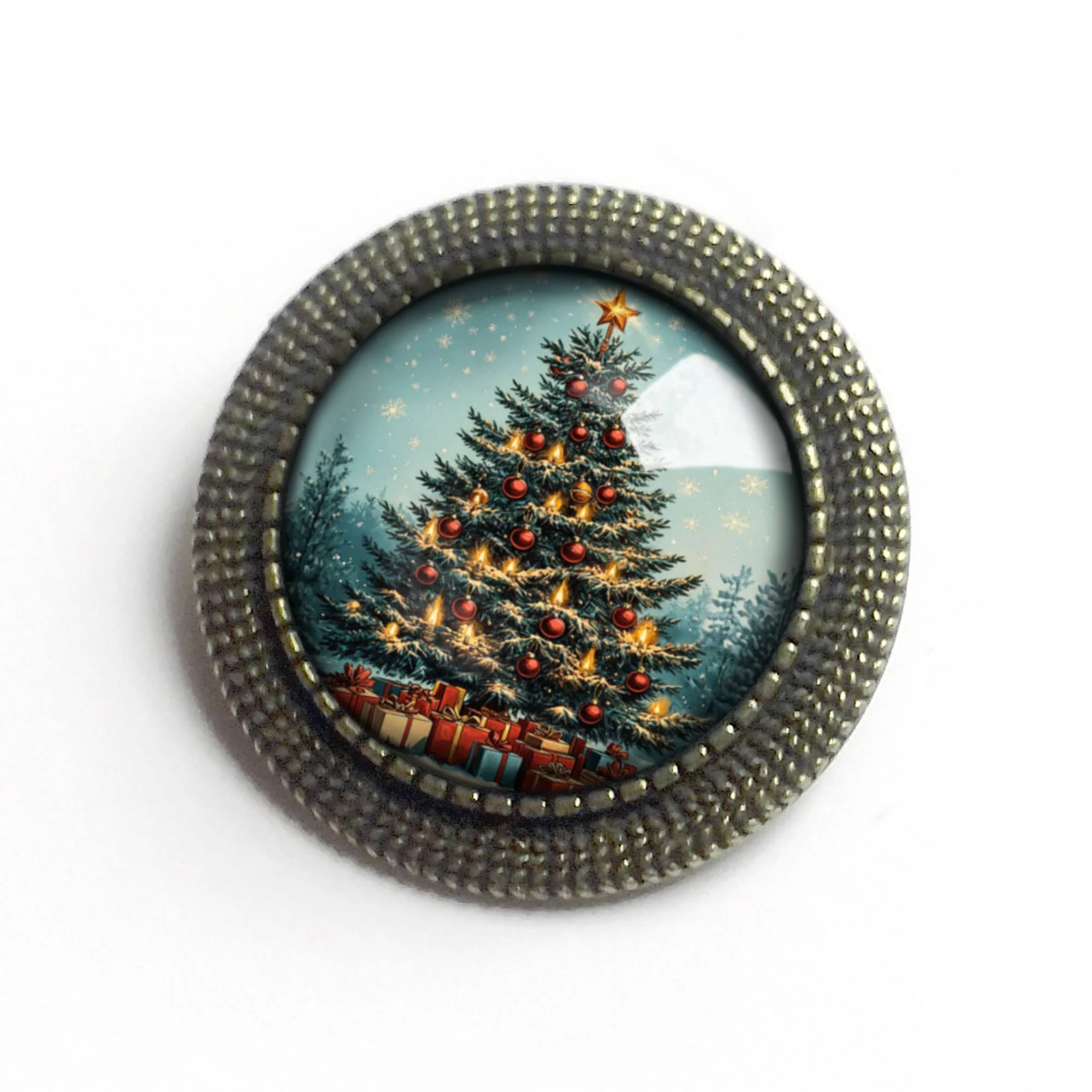 Victorian Christmas Tree Glass and Bronze Lever Back Brooch