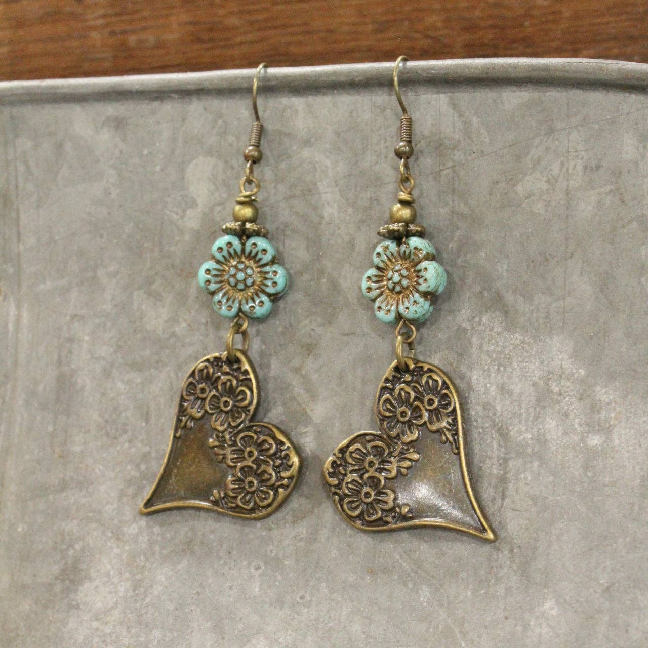 Czech & Bronze Mint Heart Charm Dangle Earrings - Image 2