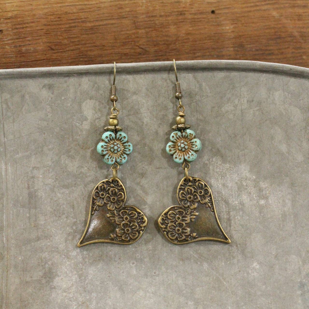 Czech & Bronze Mint Heart Charm Dangle Earrings - Image 3