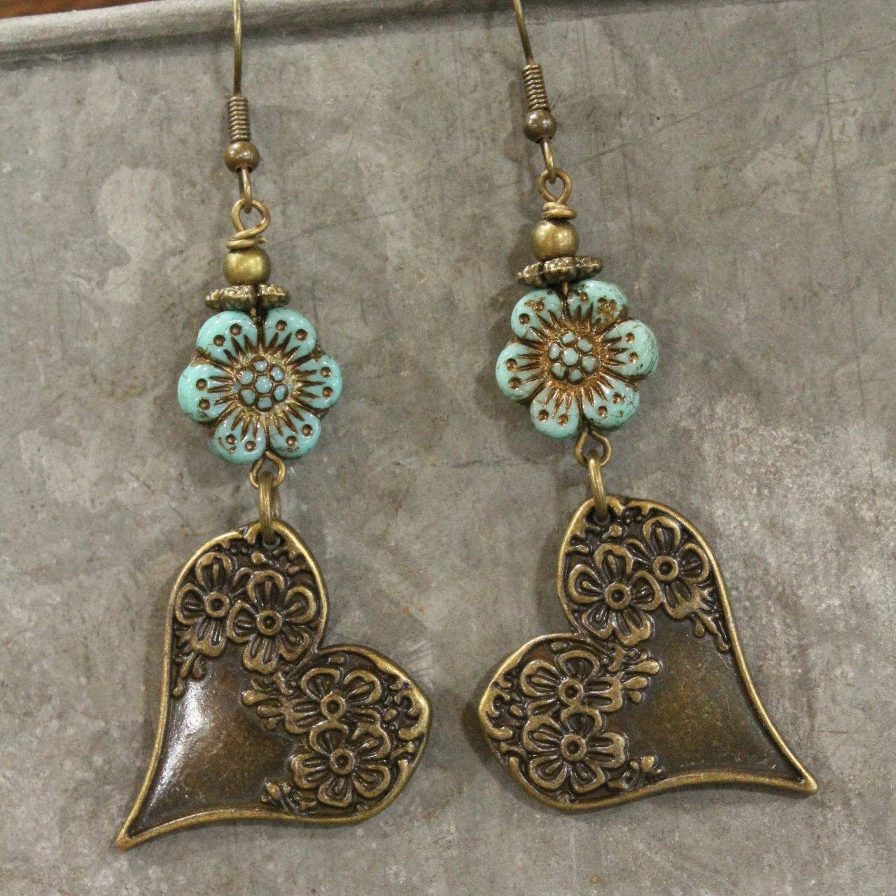 Czech & Bronze Mint Heart Charm Dangle Earrings - Image 4