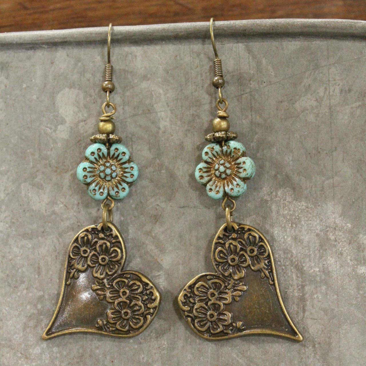 Czech & Bronze Mint Heart Charm Dangle Earrings - Image 5