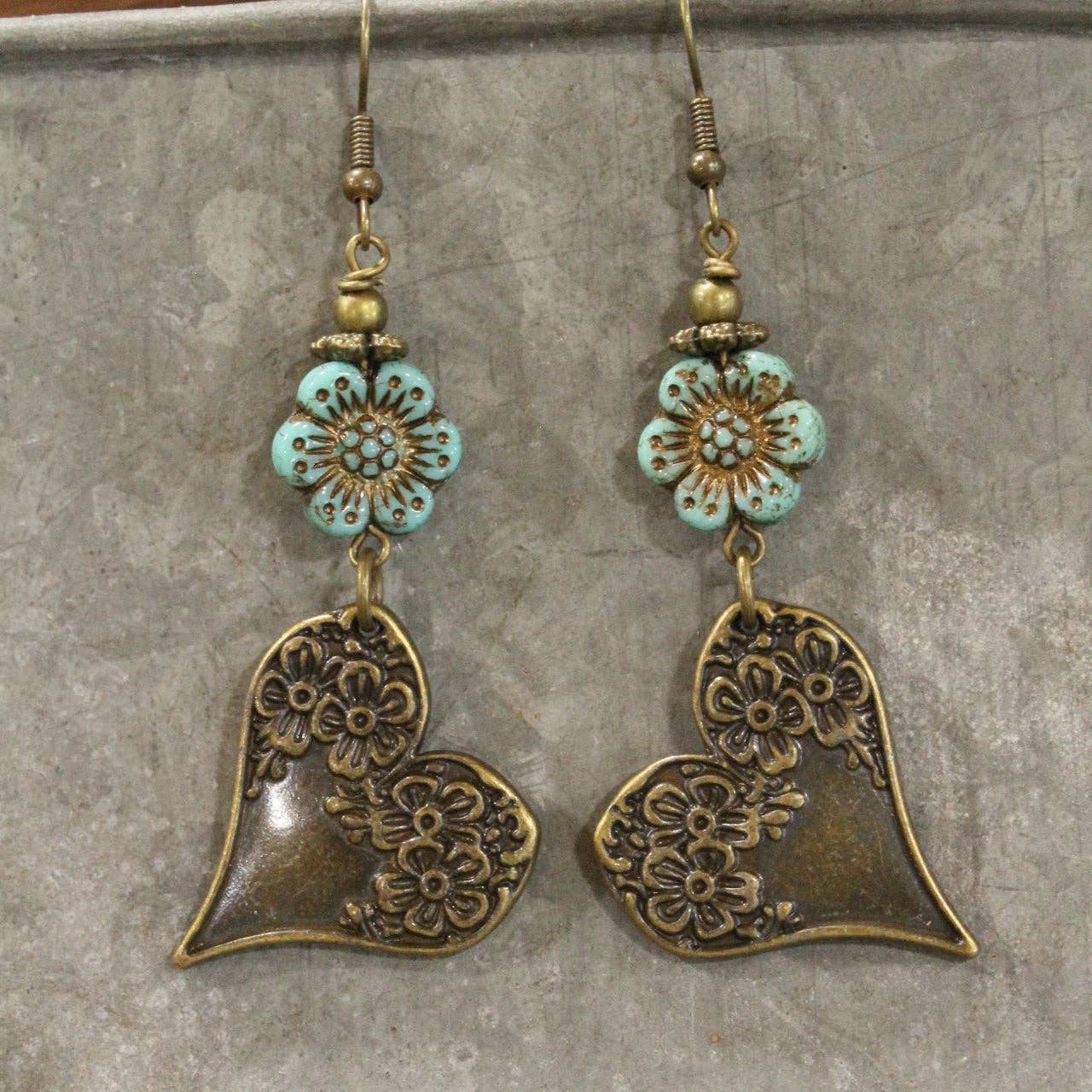 Czech & Bronze Mint Heart Charm Dangle Earrings - Image 6