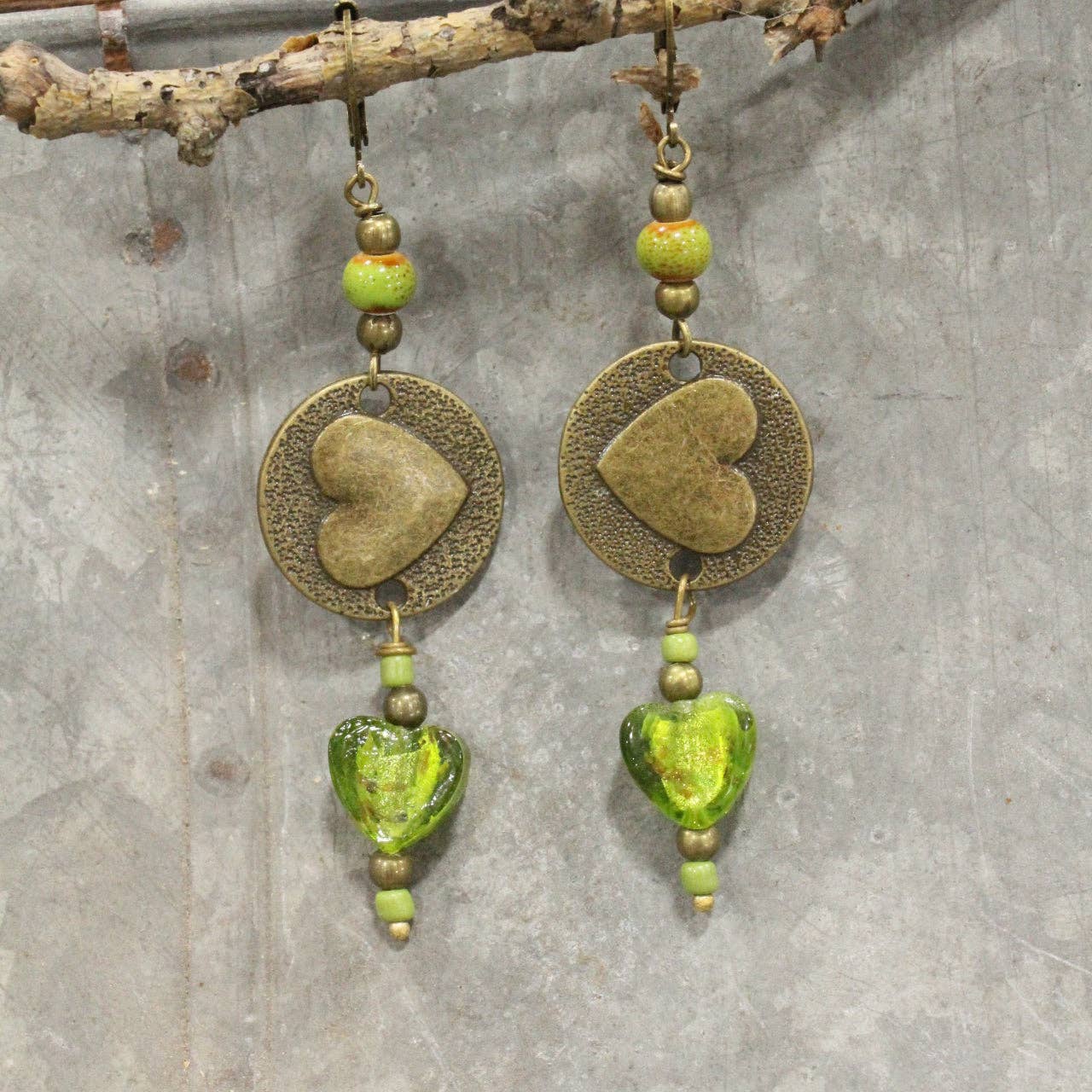 Dropping Hearts & Vintage Green Glass Earrings - Image 2
