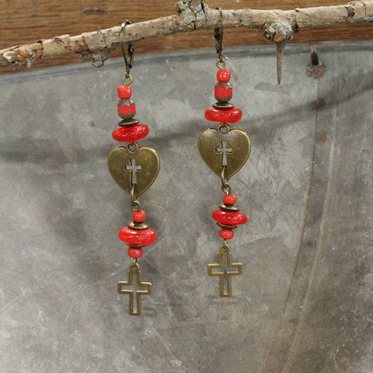 Falling Bronze Heart & Cross Dangle Earrings - Image 2