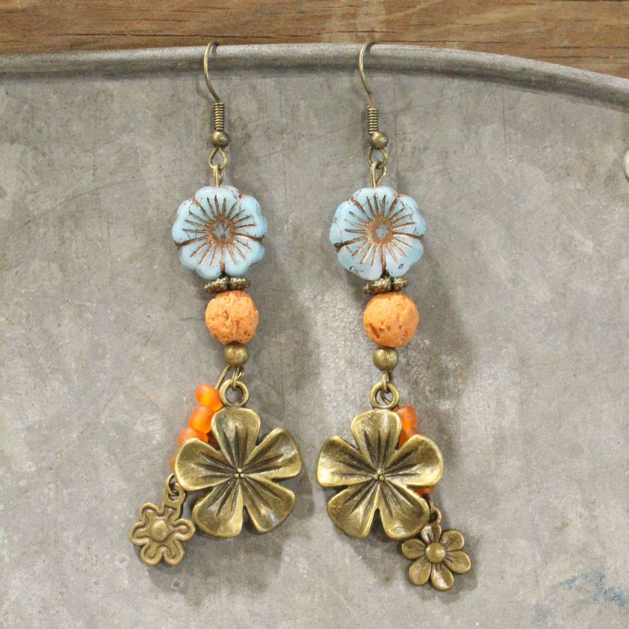 Flower Picking Bunny Czech Dangle Drop Earrings - Image 2