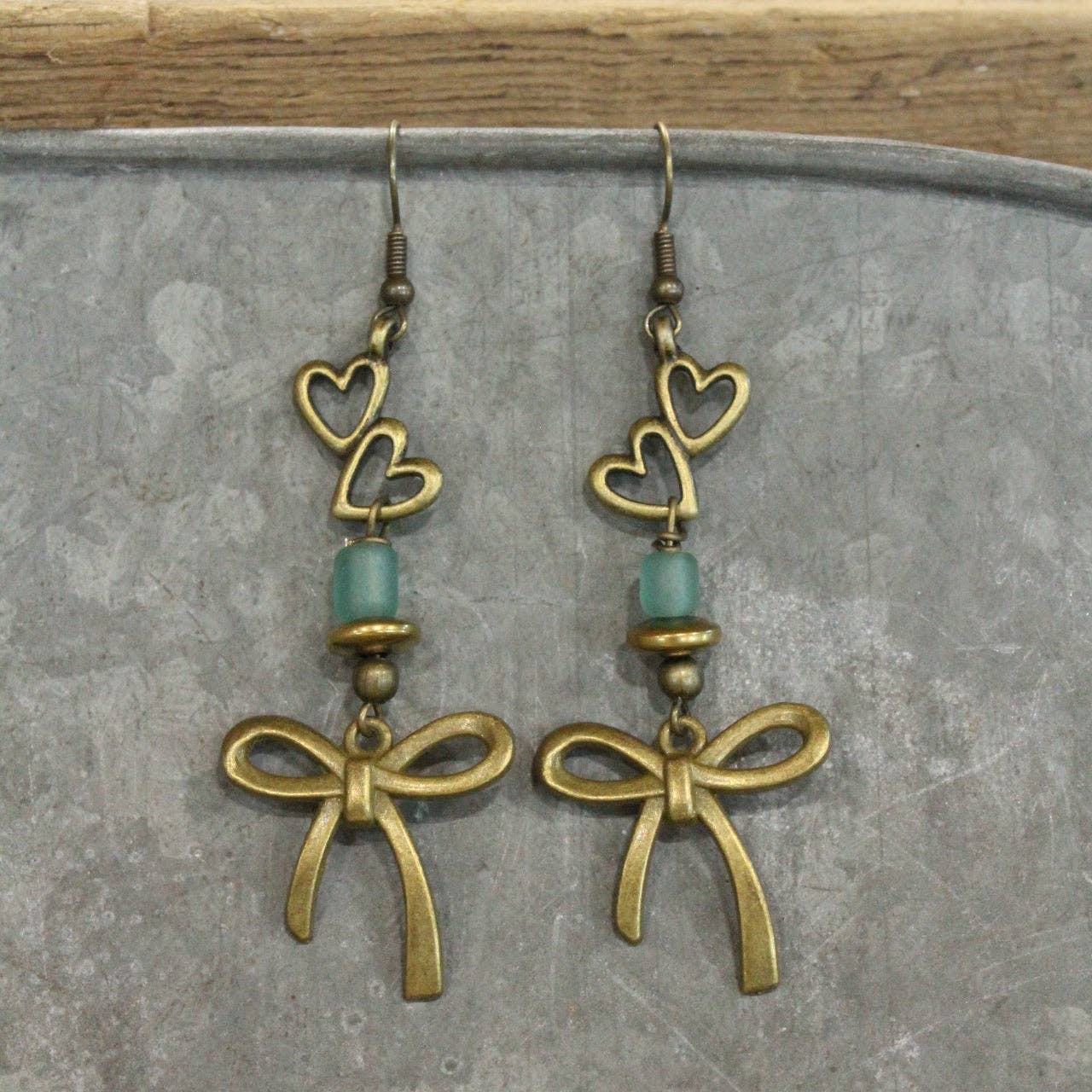 Heart & Bronze Ribbons Charm Earrings - Image 2