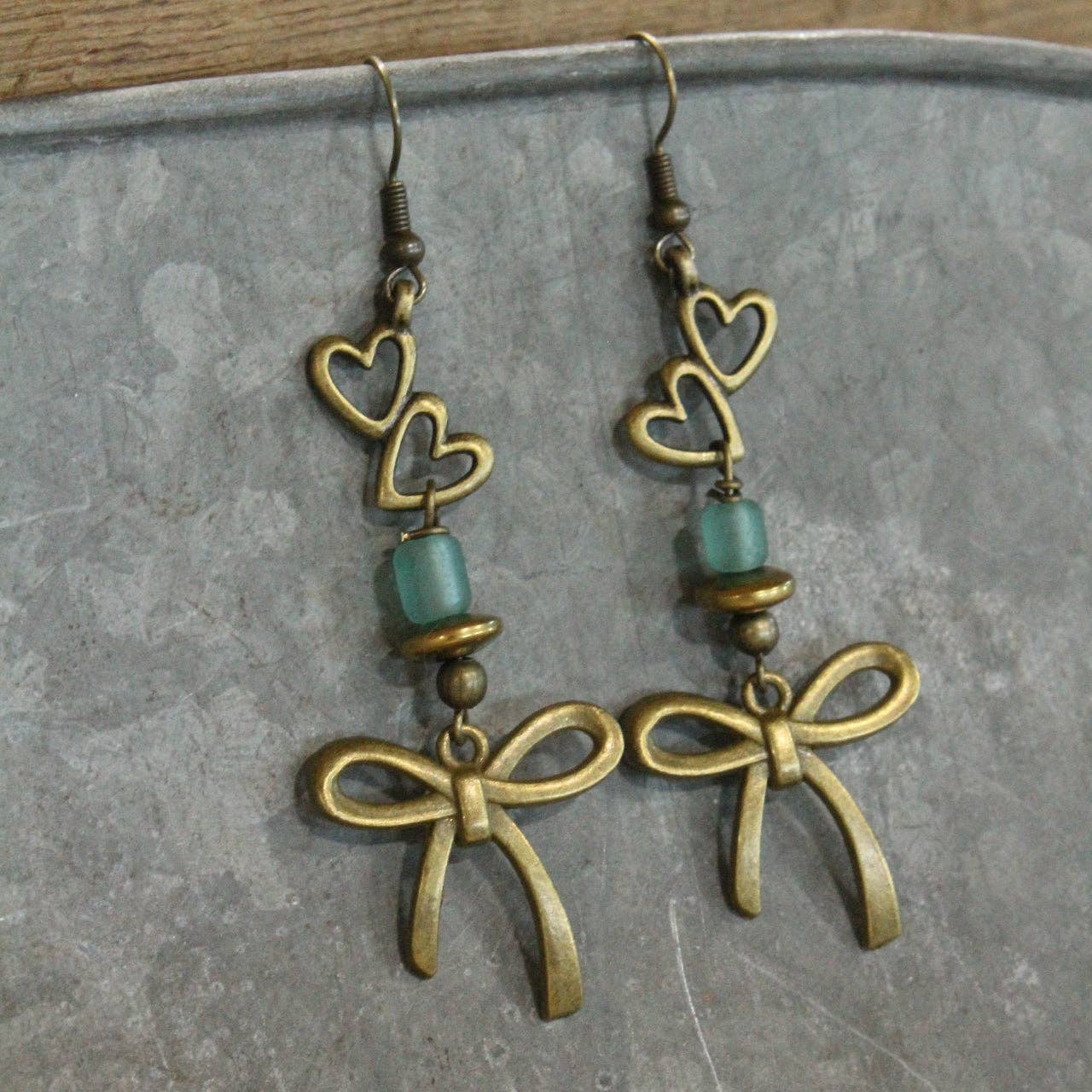 Heart & Bronze Ribbons Charm Earrings - Image 3