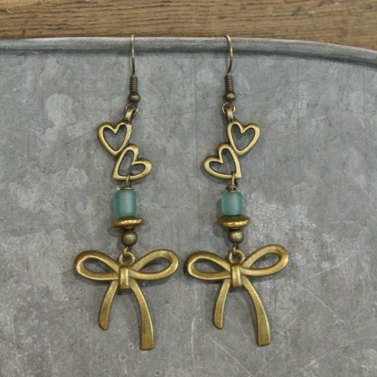 Heart & Bronze Ribbons Charm Earrings - Image 4