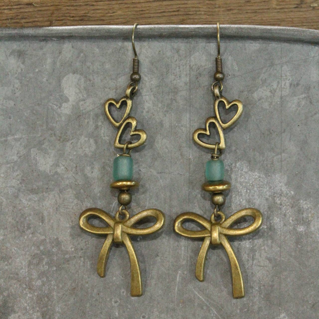 Heart & Bronze Ribbons Charm Earrings - Image 5