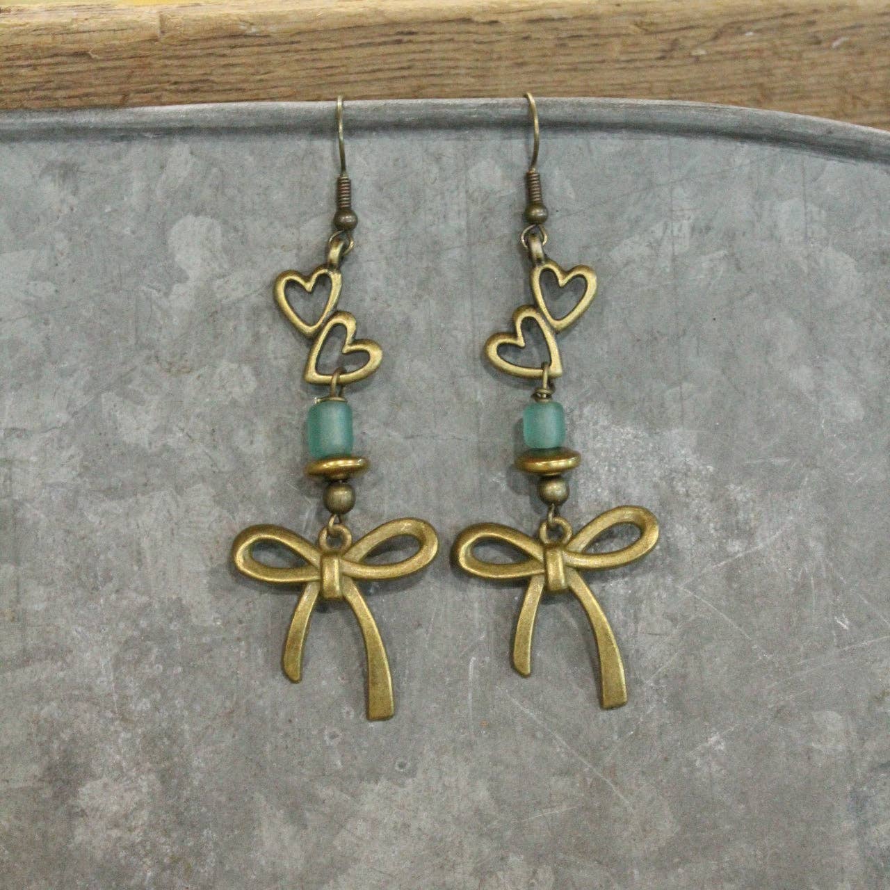 Heart & Bronze Ribbons Charm Earrings - Image 6