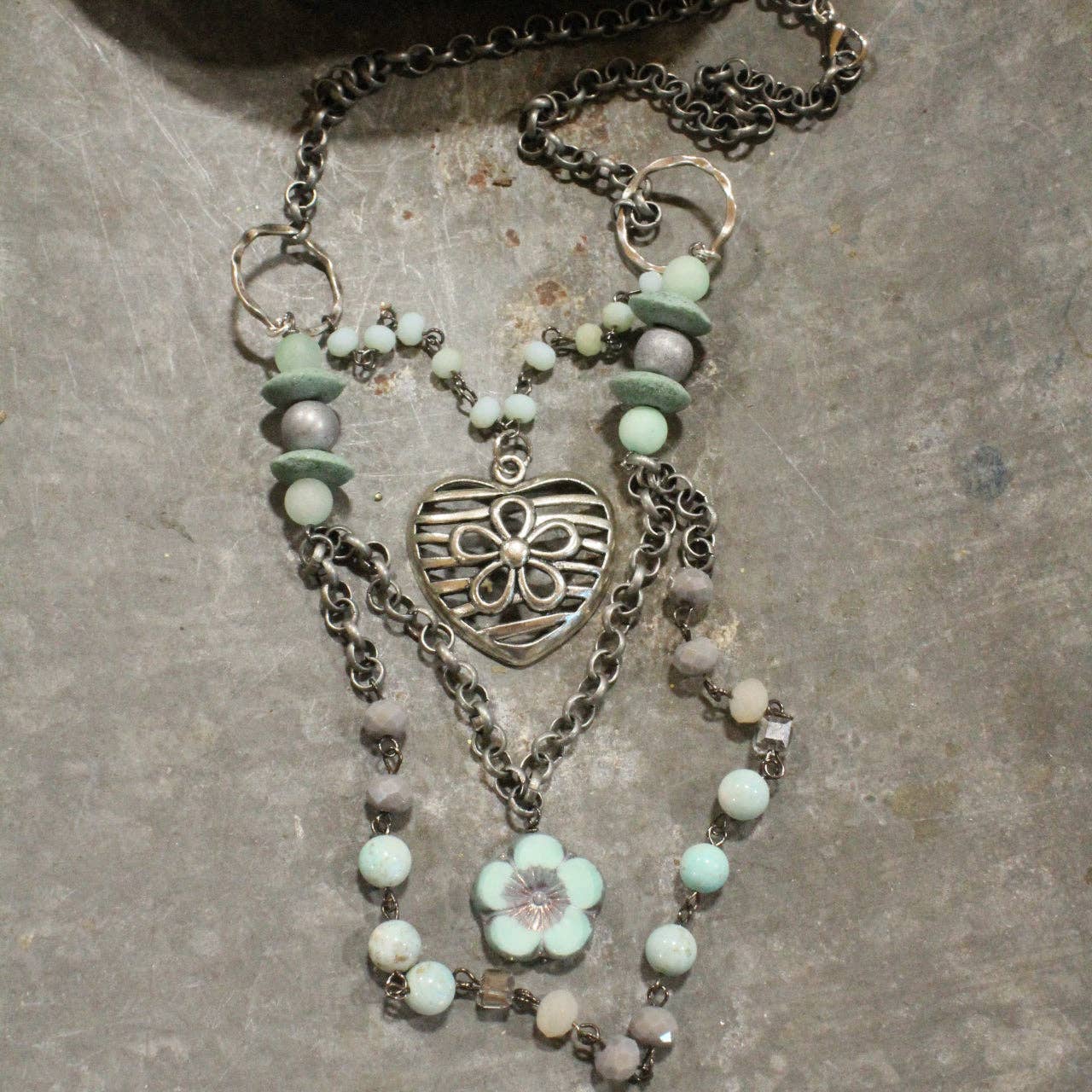 Platinum Heart Flower Pendant With Layers Of Mint Stone & Glass Czech Necklace - Image 5
