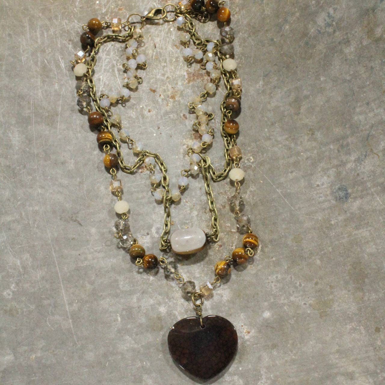 Triple Layers of Love Brown Stone Heart  Necklace - Image 5