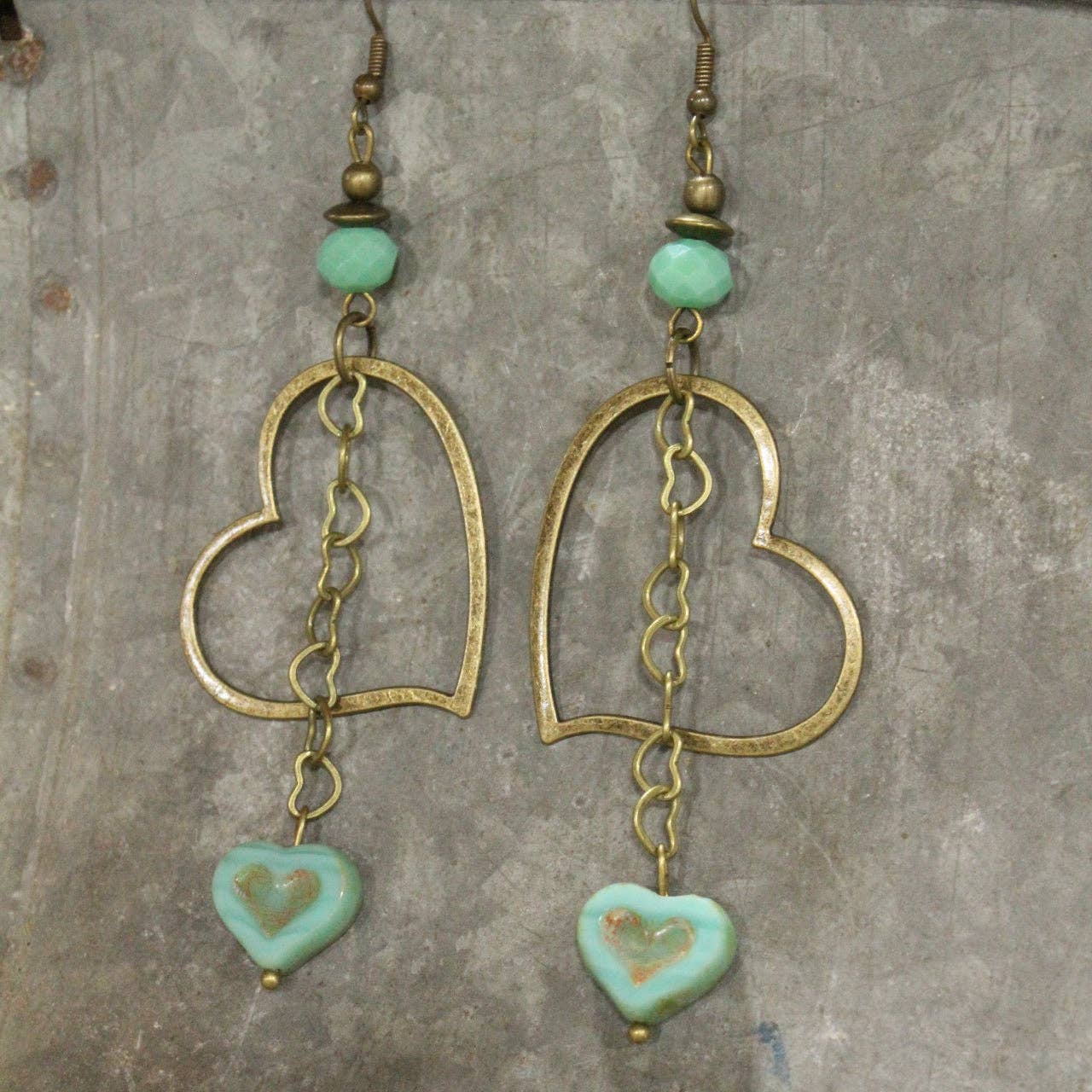 Turquoise Czech Heart Dangle Earrings - Image 2