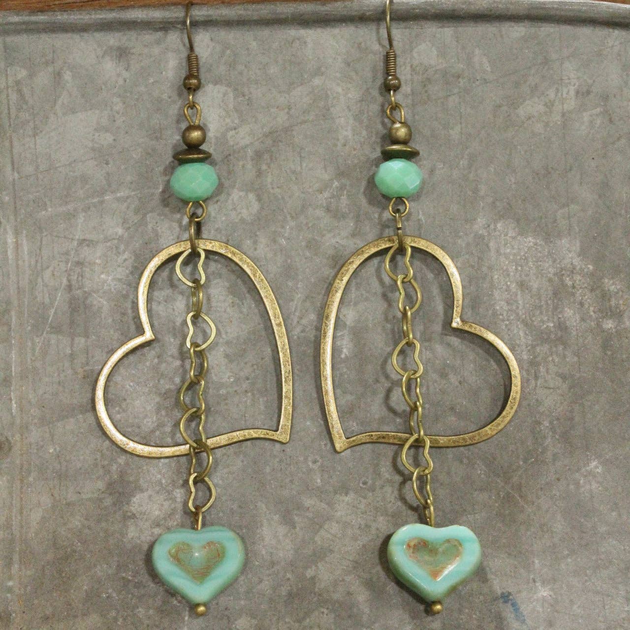 Turquoise Czech Heart Dangle Earrings - Image 3