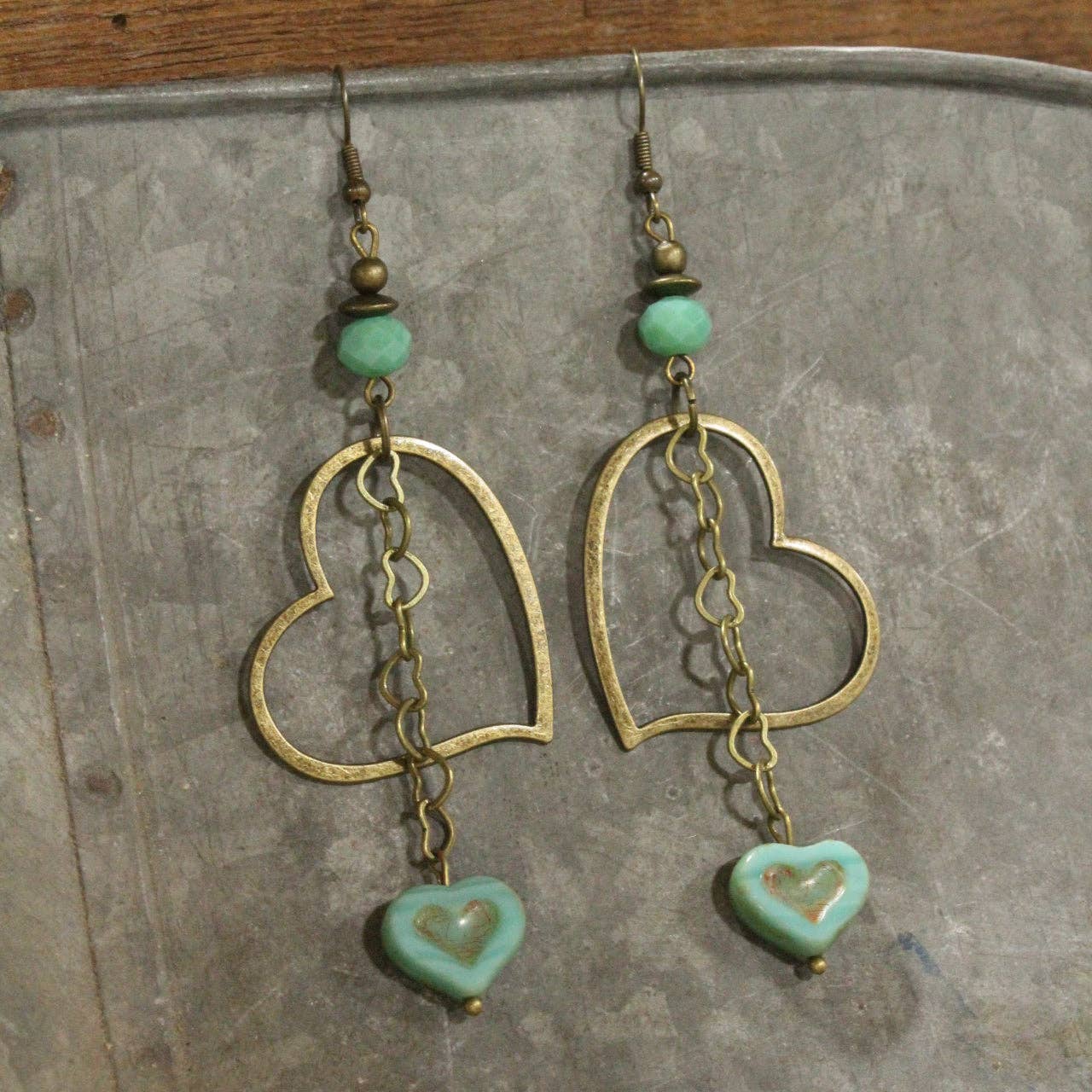 Turquoise Czech Heart Dangle Earrings - Image 4