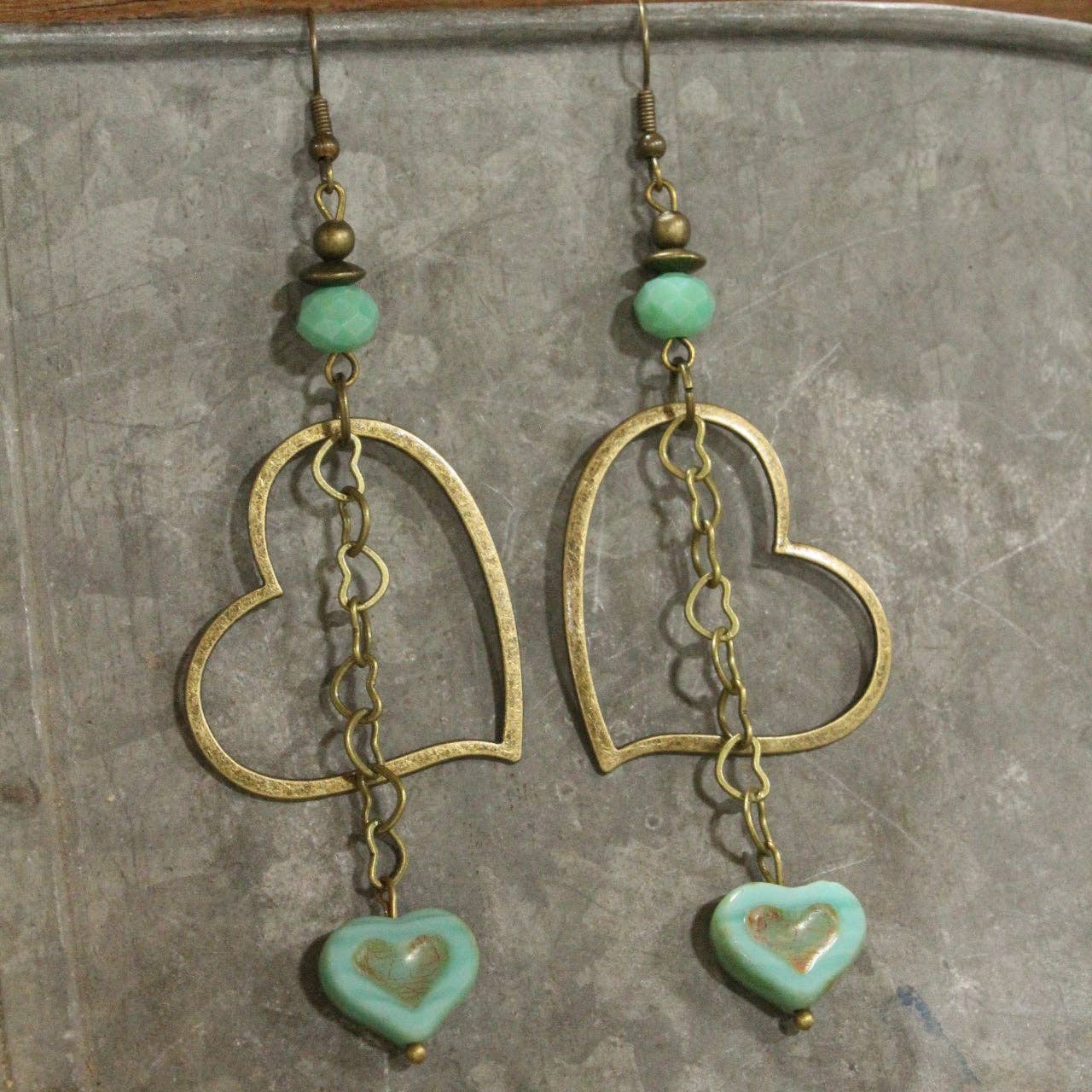 Turquoise Czech Heart Dangle Earrings - Image 5