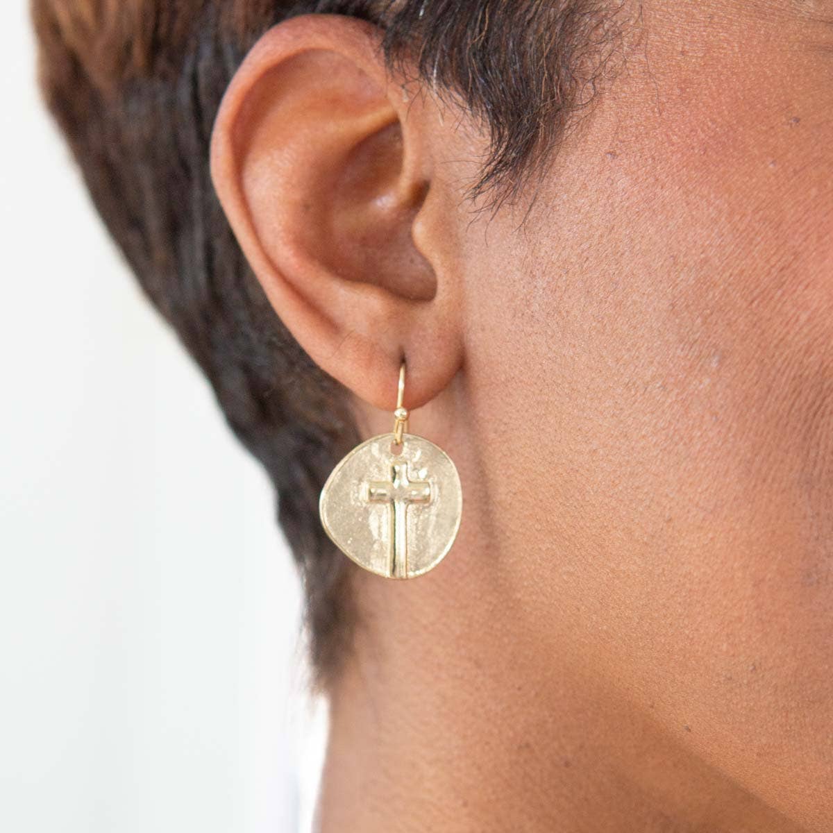 Ascension Cross Earrings Gold  .75" - Image 2