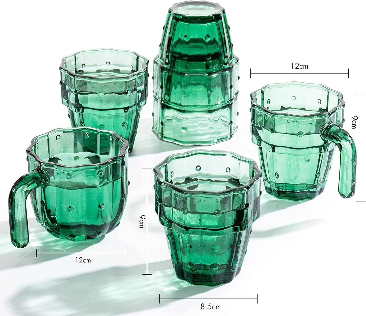 Cactus Stackable Glasses, Glass Green Cactus Cups - 6 Set - Image 3
