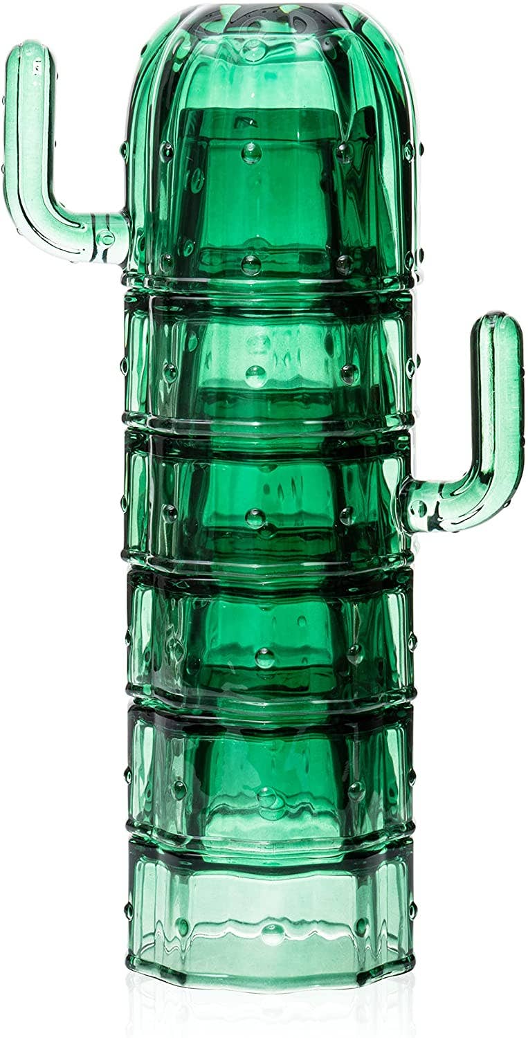 Cactus Stackable Glasses, Glass Green Cactus Cups - 6 Set - Image 4
