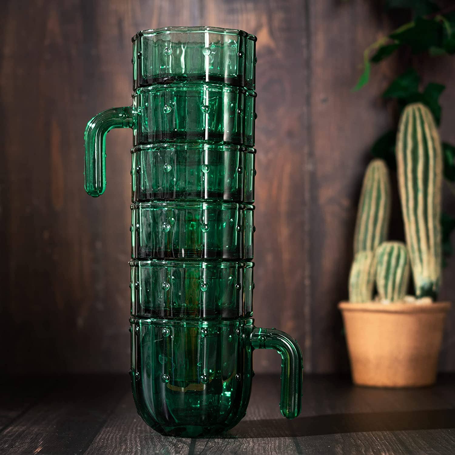 Cactus Stackable Glasses, Glass Green Cactus Cups - 6 Set - Image 5