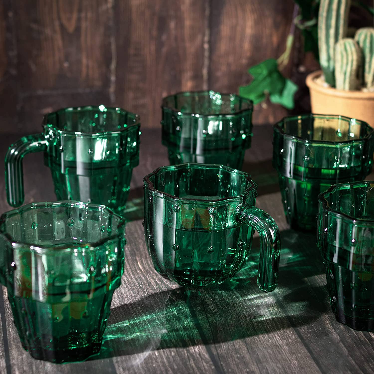 Cactus Stackable Glasses, Glass Green Cactus Cups - 6 Set - Image 7