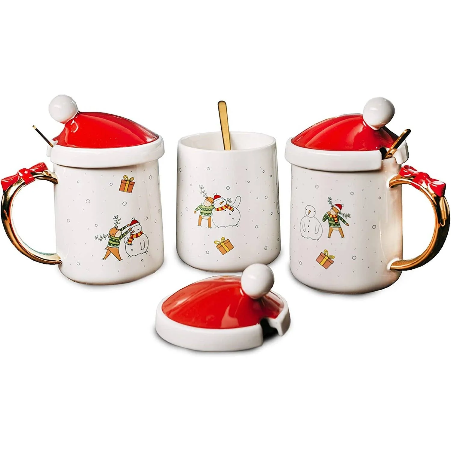 Christmas Coffee Mug Santa and Deer Red Lid with Spoon - Set