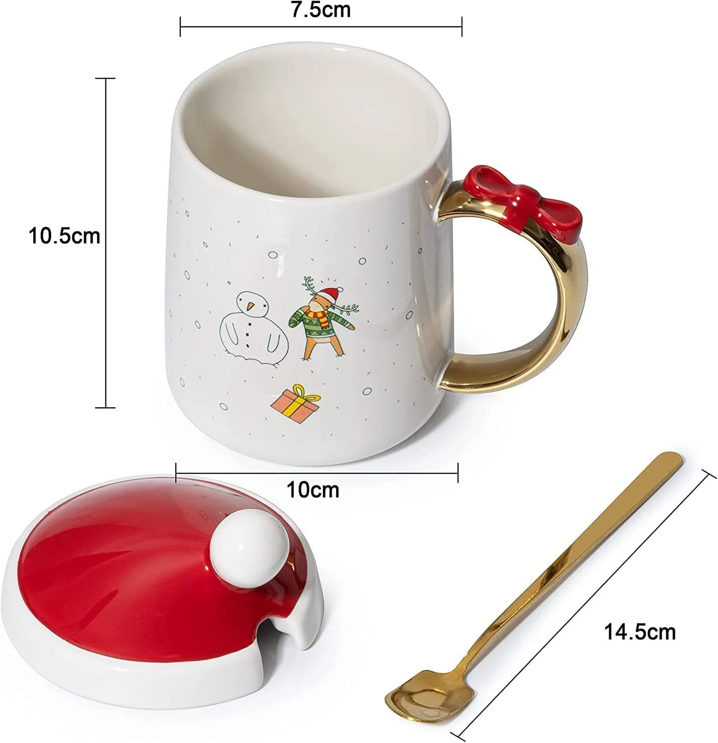 Christmas Coffee Mug Santa and Deer Red Lid with Spoon - Set - Image 2
