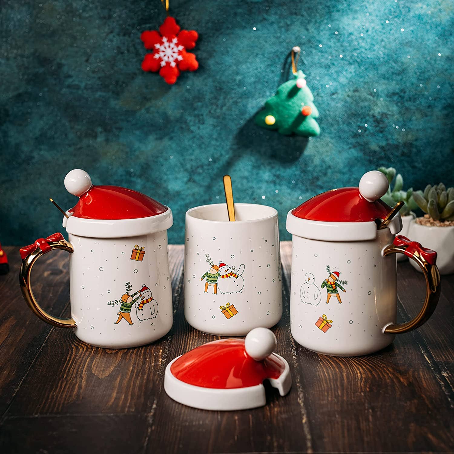 Christmas Coffee Mug Santa and Deer Red Lid with Spoon - Set - Image 3