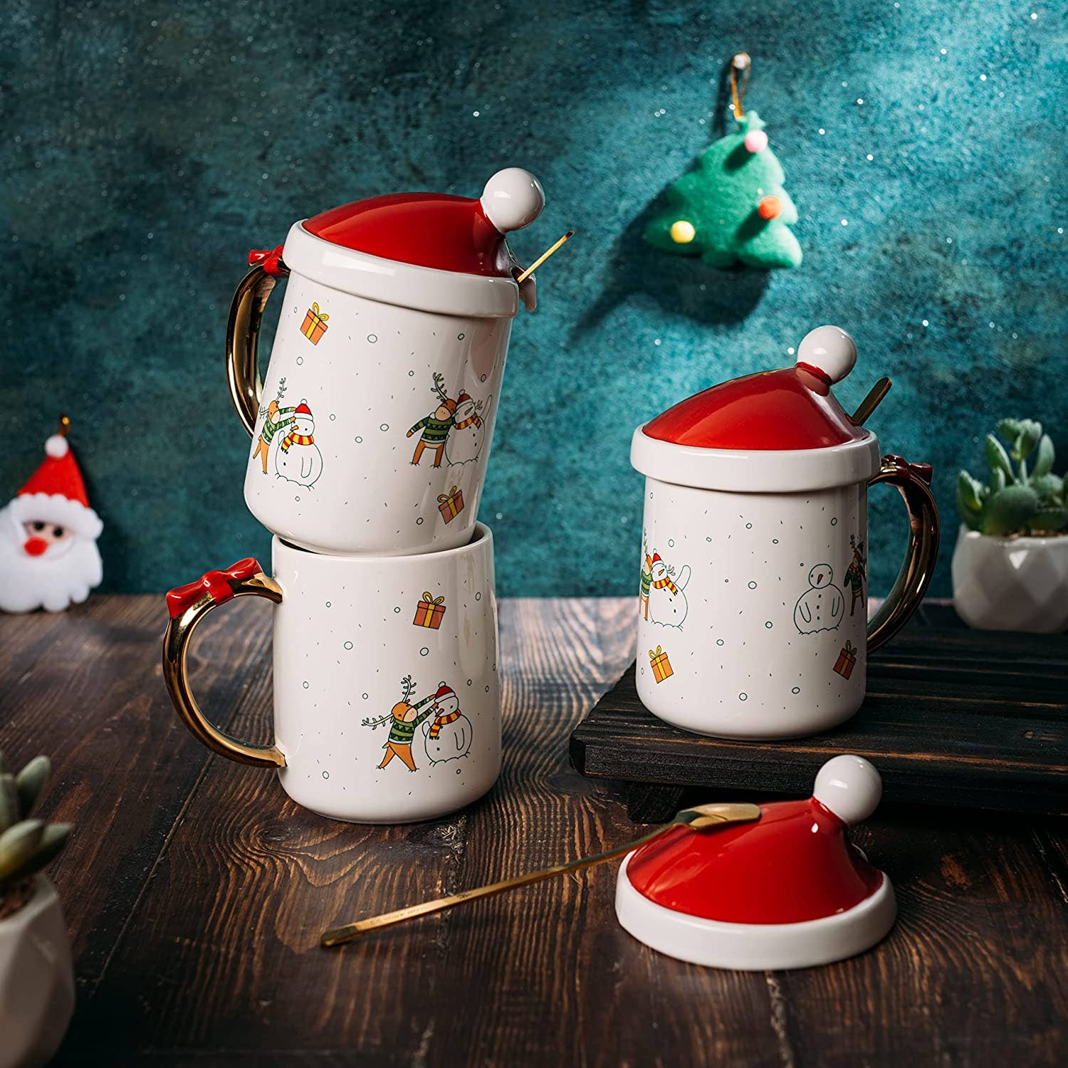 Christmas Coffee Mug Santa and Deer Red Lid with Spoon - Set - Image 4