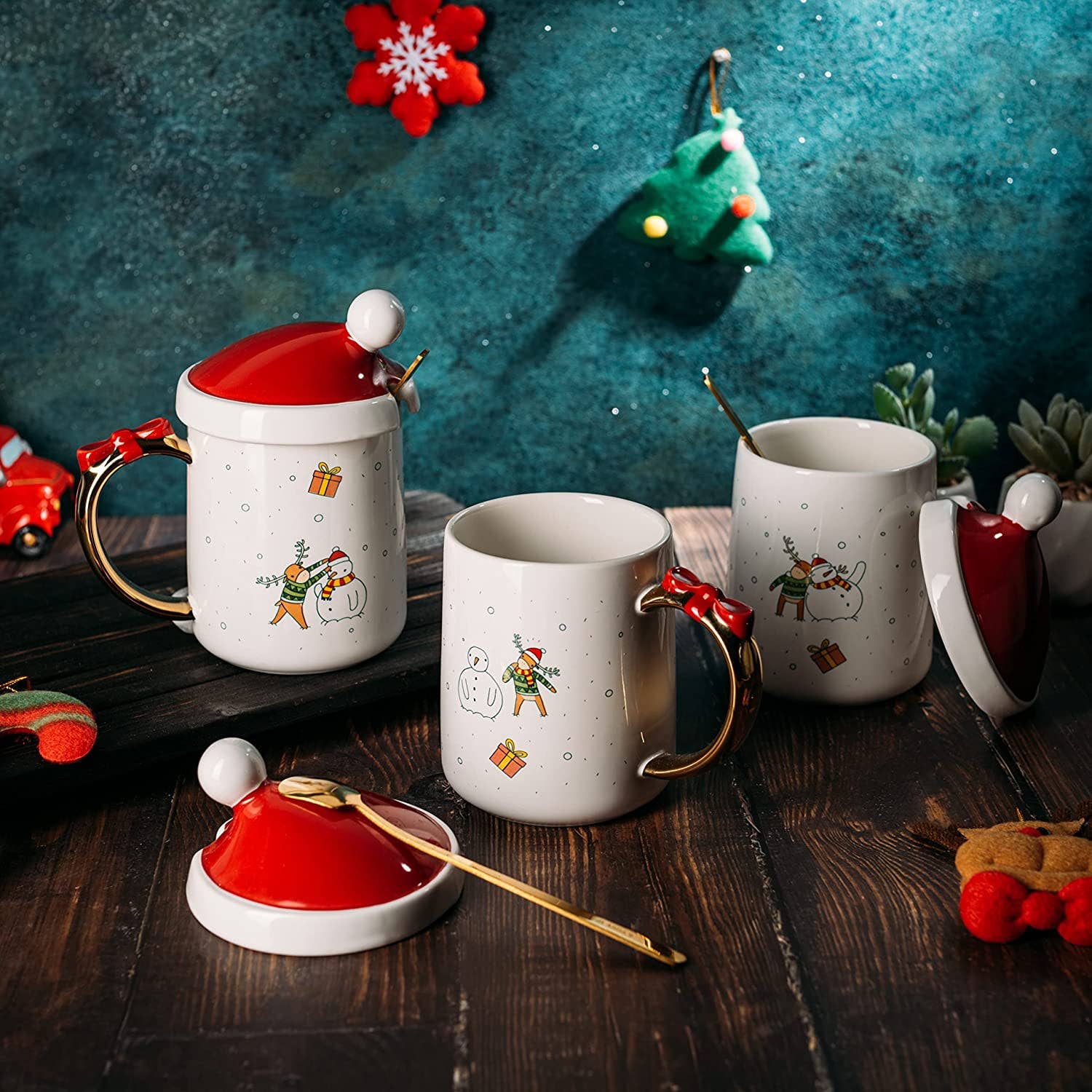 Christmas Coffee Mug Santa and Deer Red Lid with Spoon - Set - Image 5
