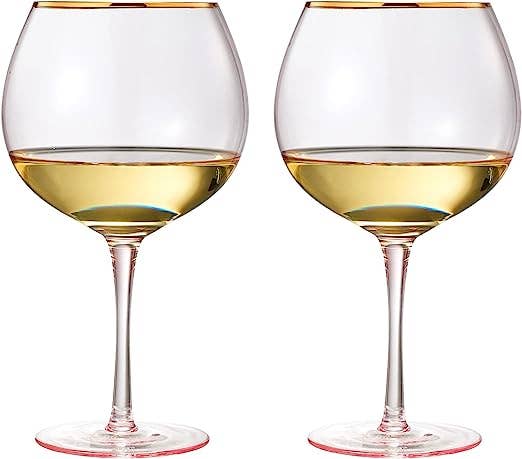 Pink & Gilded Rim Wine Glassware, Set of 2