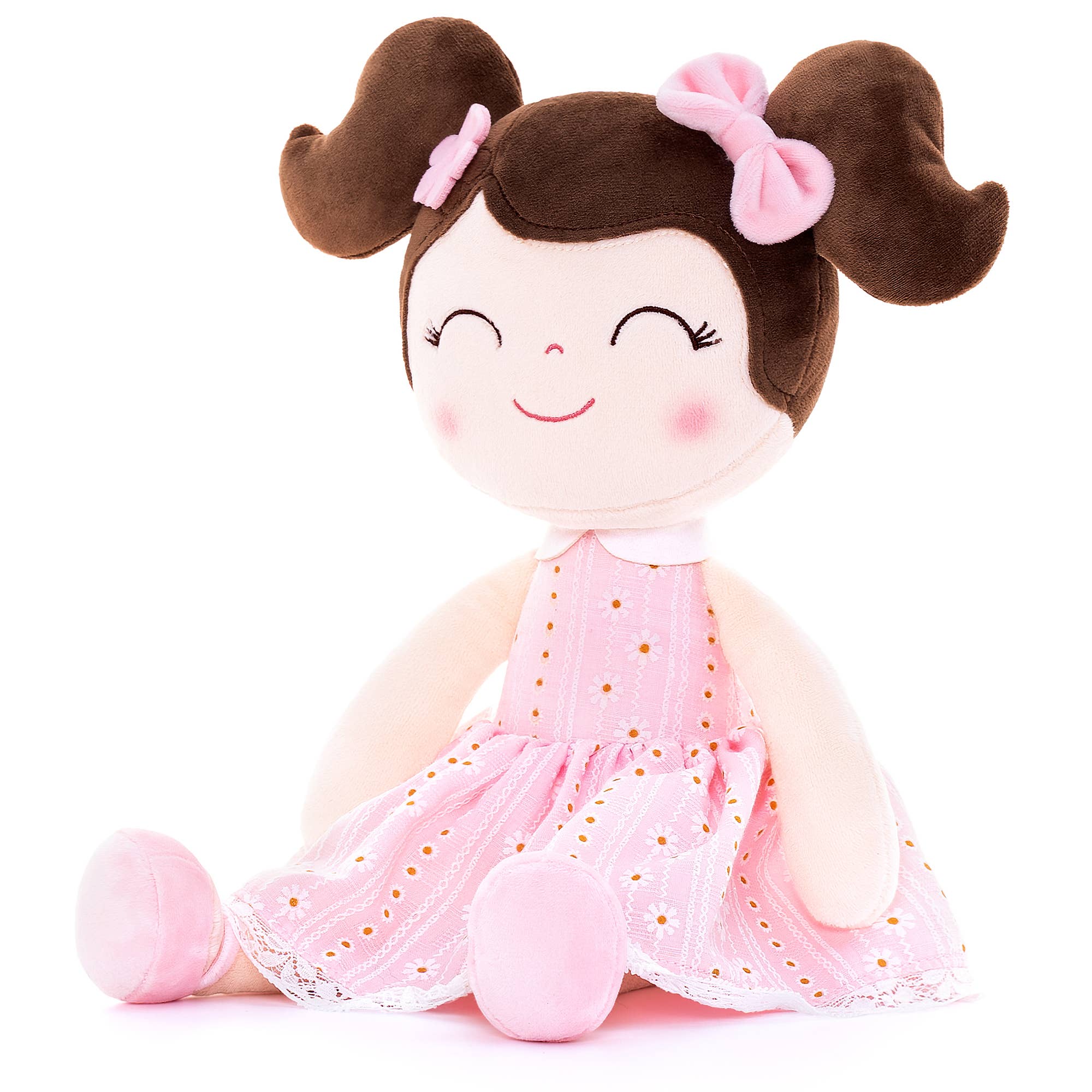 Light Pink Plush Doll With Dark Brown Hair - Image 2